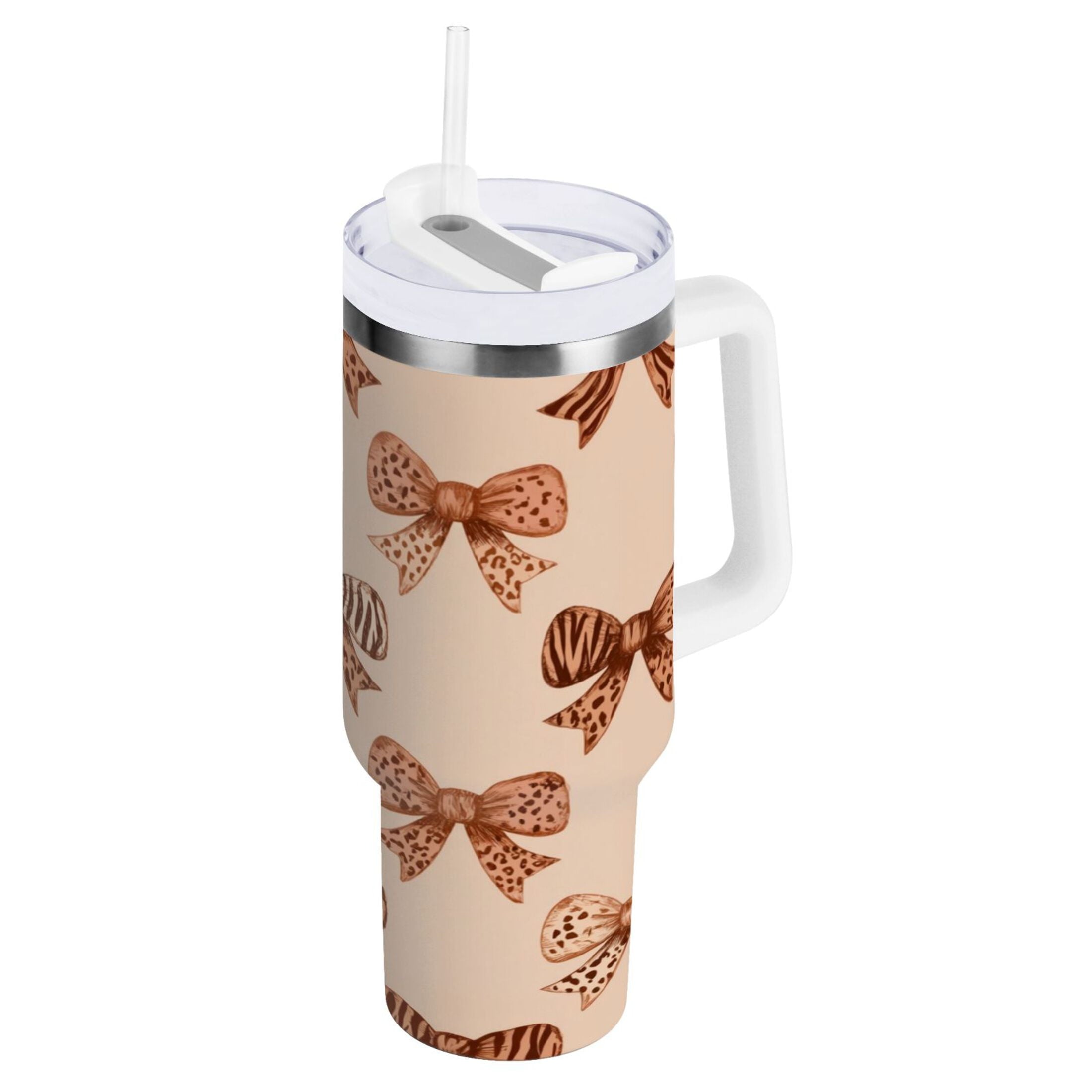 40 oz Insulated Stainless Steel Tumbler Double Wall Stainless Steel Tumbler with 2-Way Drinking Leopard Print Bow - Q3LB