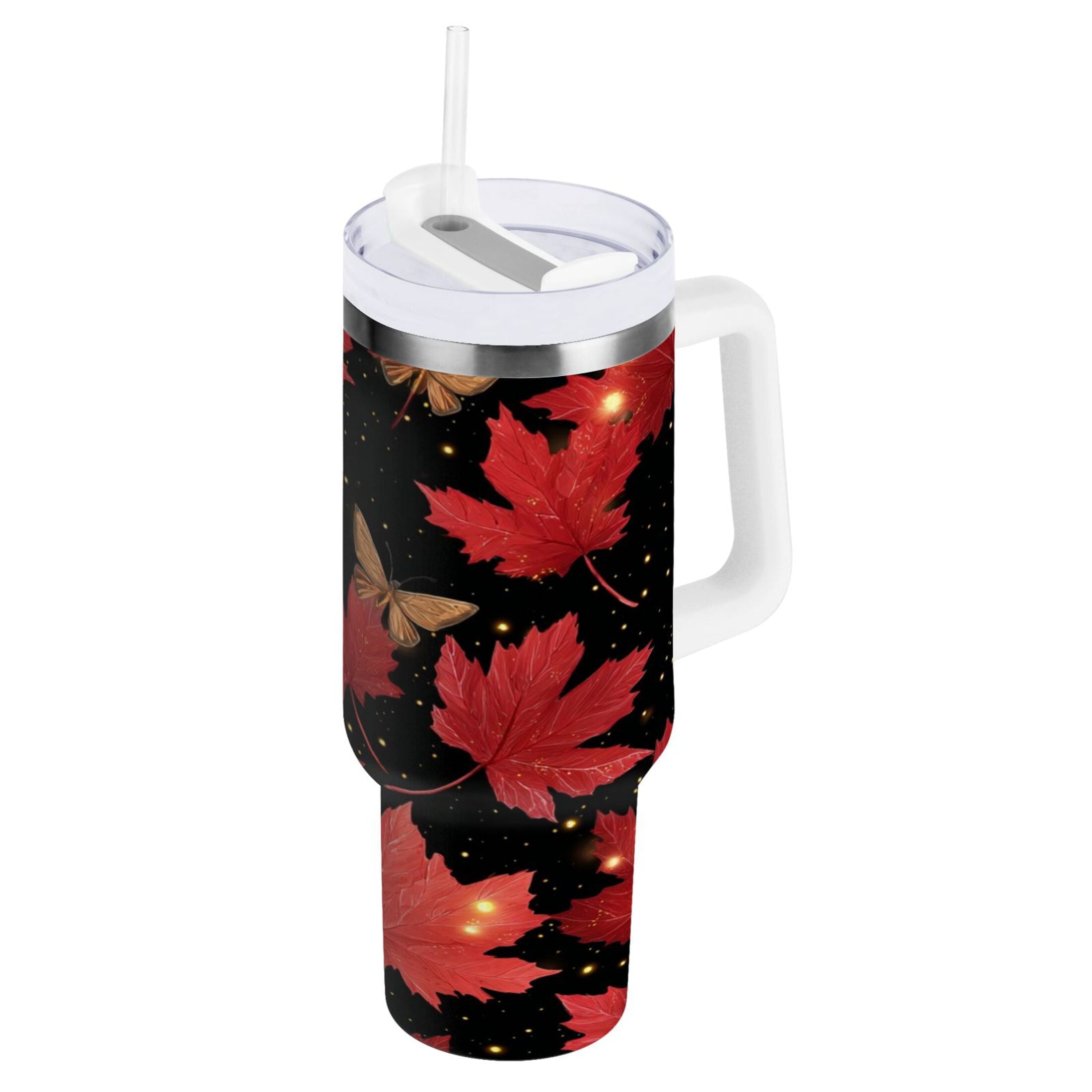 40 oz Insulated Stainless Steel Tumbler Double Wall Stainless Steel Tumbler with 2-Way Drinking Maple Leaves and Fireflies - Y38I
