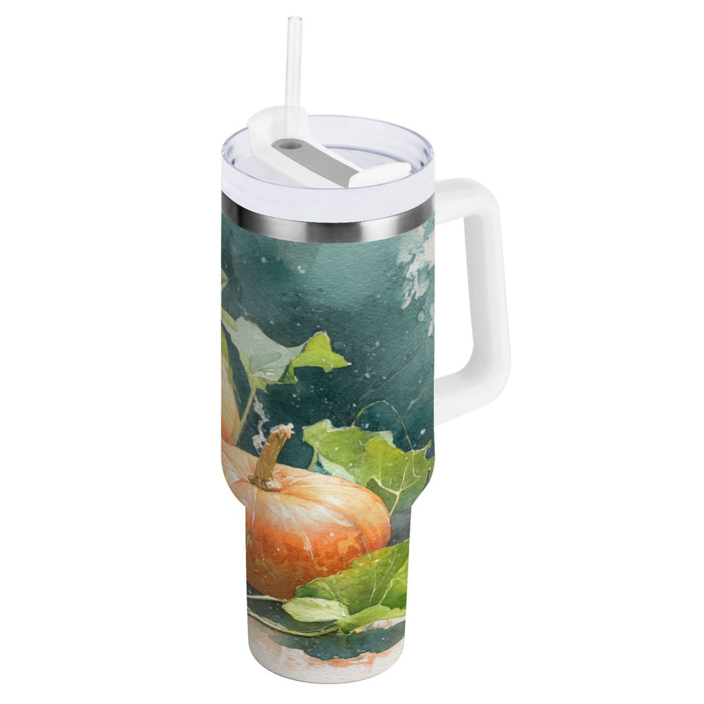 40 oz Insulated Stainless Steel Tumbler Double Wall Stainless Steel Tumbler with 2-Way Drinking Orange and White Pumpkins - P3HQ