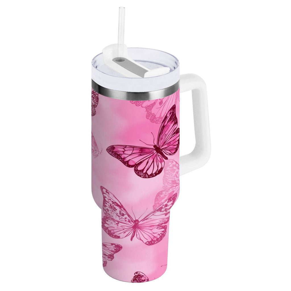 40 oz Insulated Stainless Steel Tumbler Double Wall Stainless Steel Tumbler with 2-Way Drinking Pink Butterfly Pattern - 6IJW