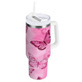 40 oz Insulated Stainless Steel Tumbler Double Wall Stainless Steel Tumbler with 2-Way Drinking Pink Butterfly Pattern - 6IJW