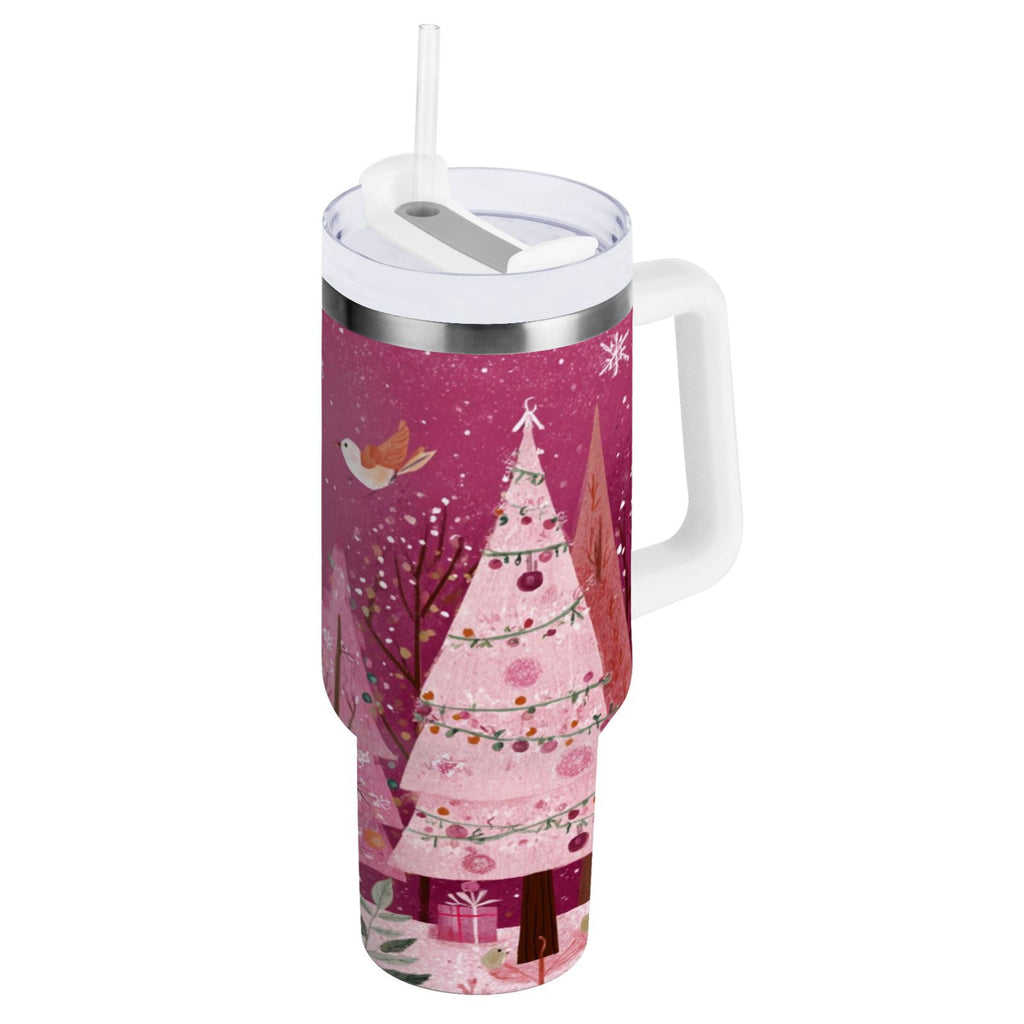 40 oz Insulated Stainless Steel Tumbler Double Wall Stainless Steel Tumbler with 2-Way Drinking Pink Christmas Forest - 2F90