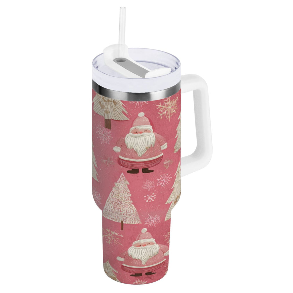 40 oz Insulated Stainless Steel Tumbler Double Wall Stainless Steel Tumbler with 2-Way Drinking Pink Santa Claus Pattern - VRN8