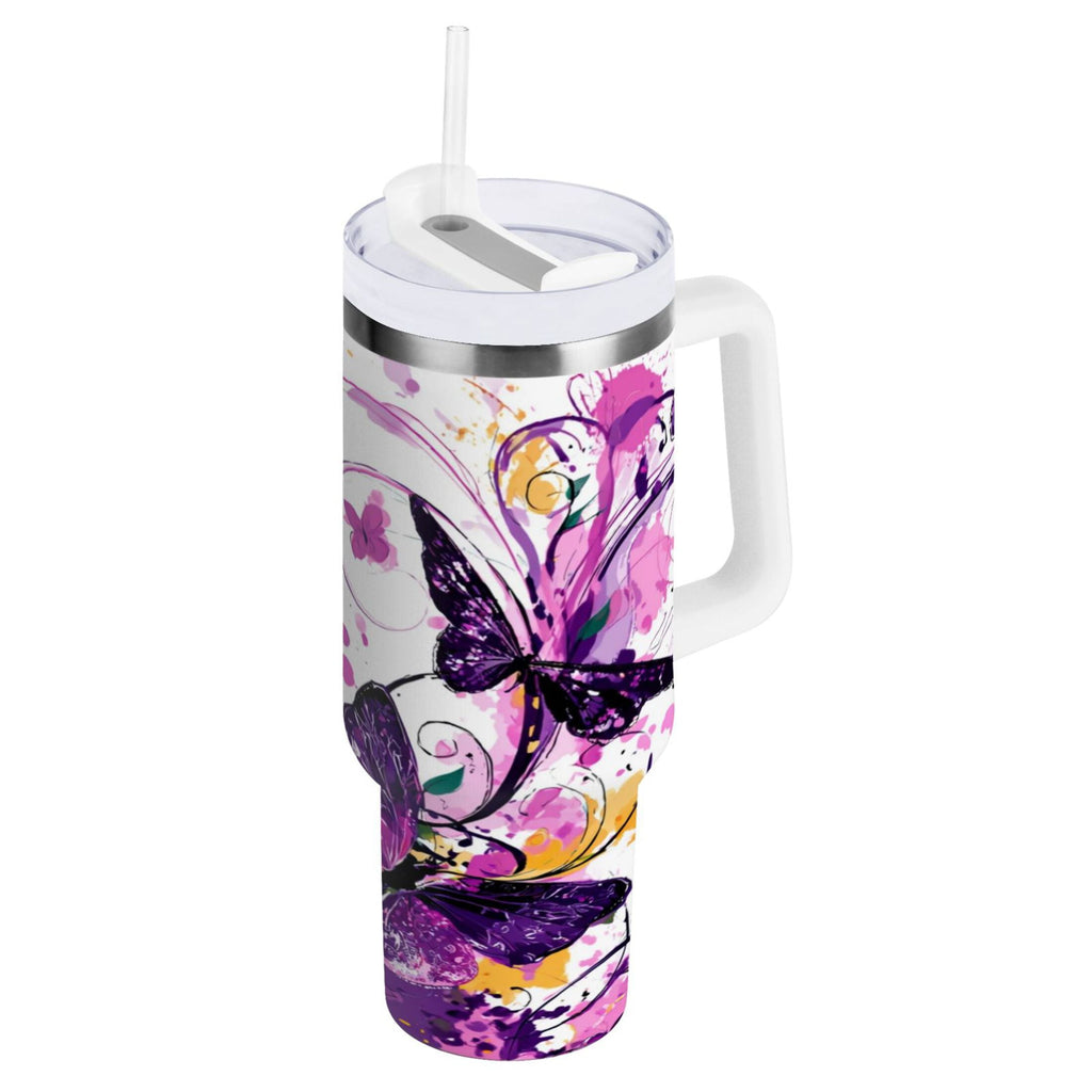 40 oz Insulated Stainless Steel Tumbler Double Wall Stainless Steel Tumbler with 2-Way Drinking Purple Butterfly - DIN0
