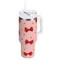 40 oz Insulated Stainless Steel Tumbler Double Wall Stainless Steel Tumbler with 2-Way Drinking Red Bows and Polka Dots - X5A8