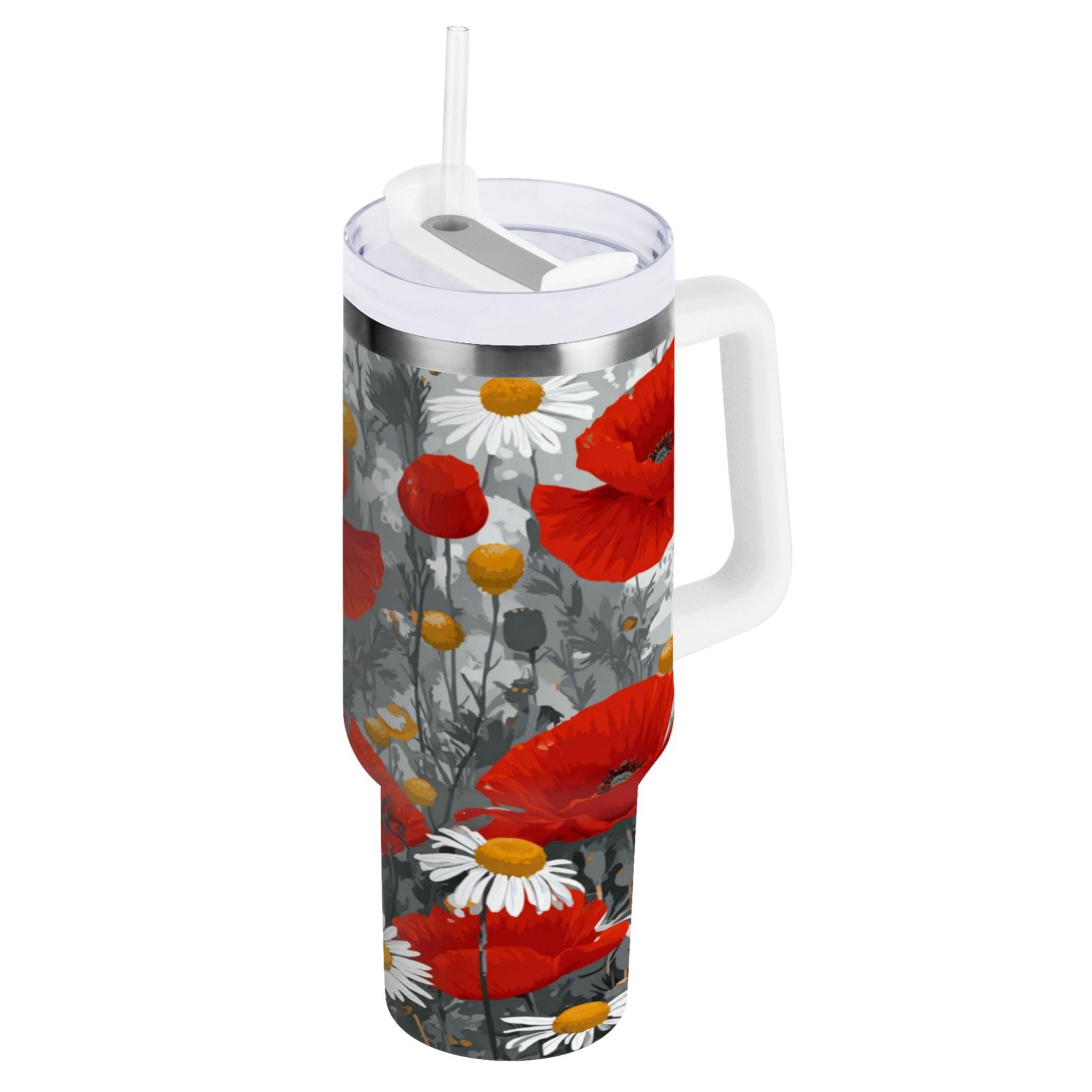 40 oz Insulated Stainless Steel Tumbler Double Wall Stainless Steel Tumbler with 2-Way Drinking Red Flowers and Daisies - EC6D