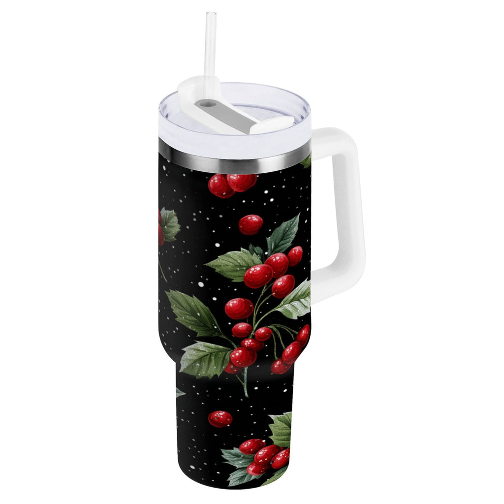 40 oz Insulated Stainless Steel Tumbler Double Wall Stainless Steel Tumbler with 2-Way Drinking Red Holly Berries Pattern - 7MMI