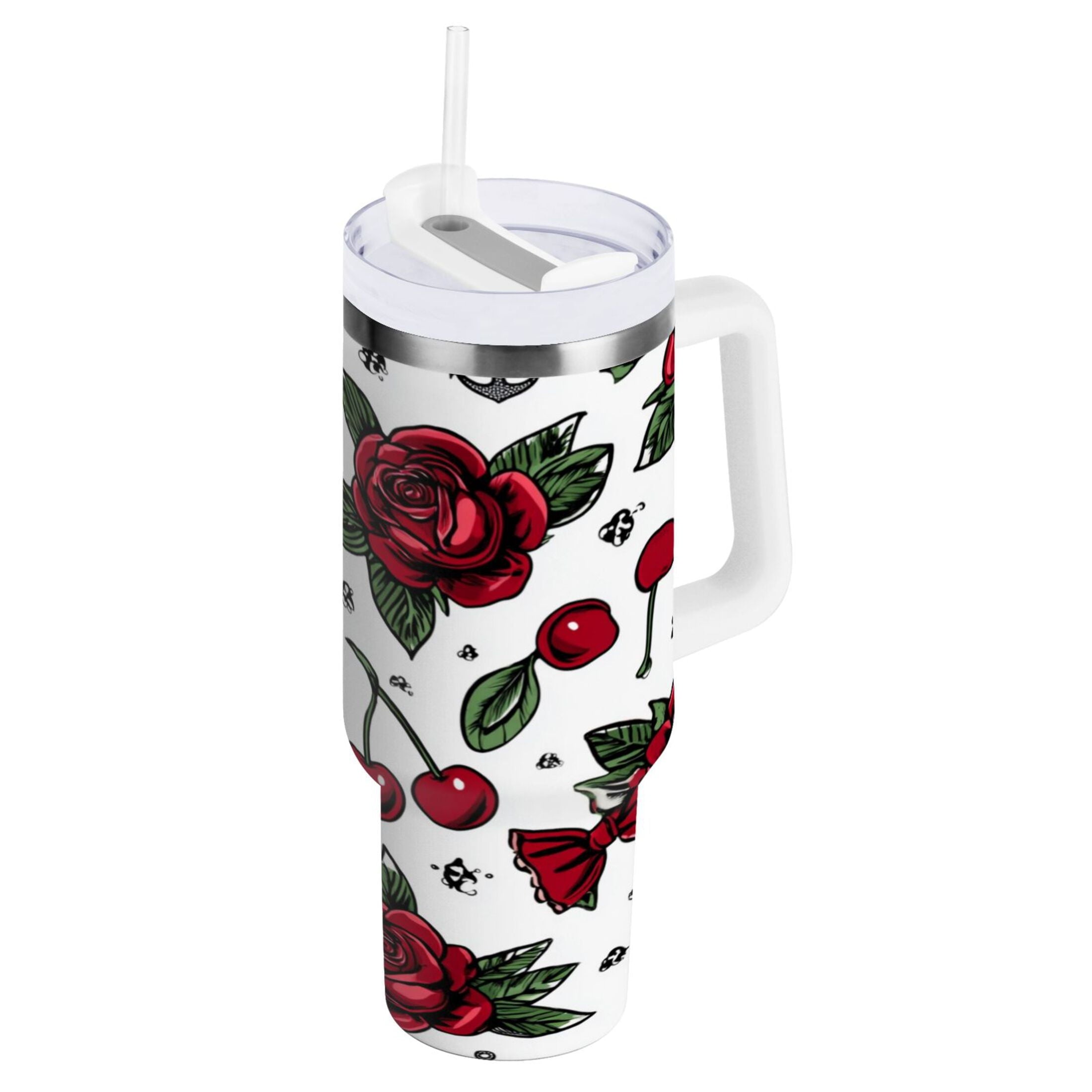 40 oz Insulated Stainless Steel Tumbler Double Wall Stainless Steel Tumbler with 2-Way Drinking Red Roses and Cherries - 27II