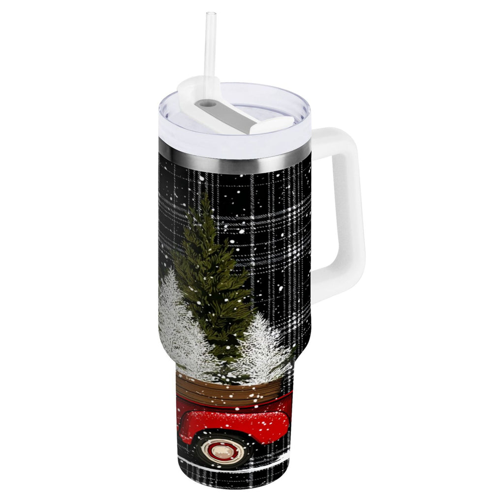 40 oz Insulated Stainless Steel Tumbler Double Wall Stainless Steel Tumbler with 2-Way Drinking Red Truck with Christmas Tree - D5ZO
