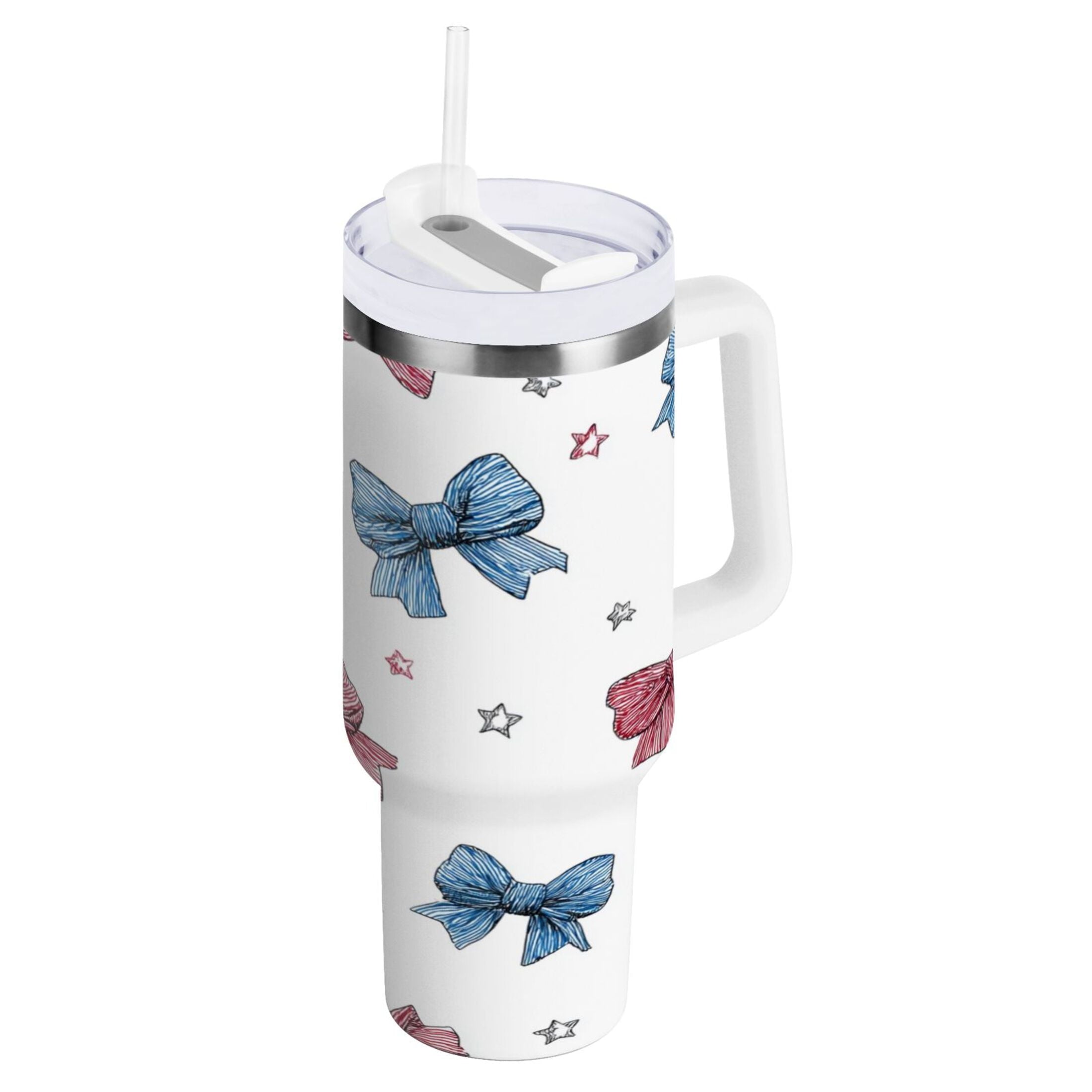 40 oz Insulated Stainless Steel Tumbler Double Wall Stainless Steel Tumbler with 2-Way Drinking Red and Blue Stripes Bows - J6OF
