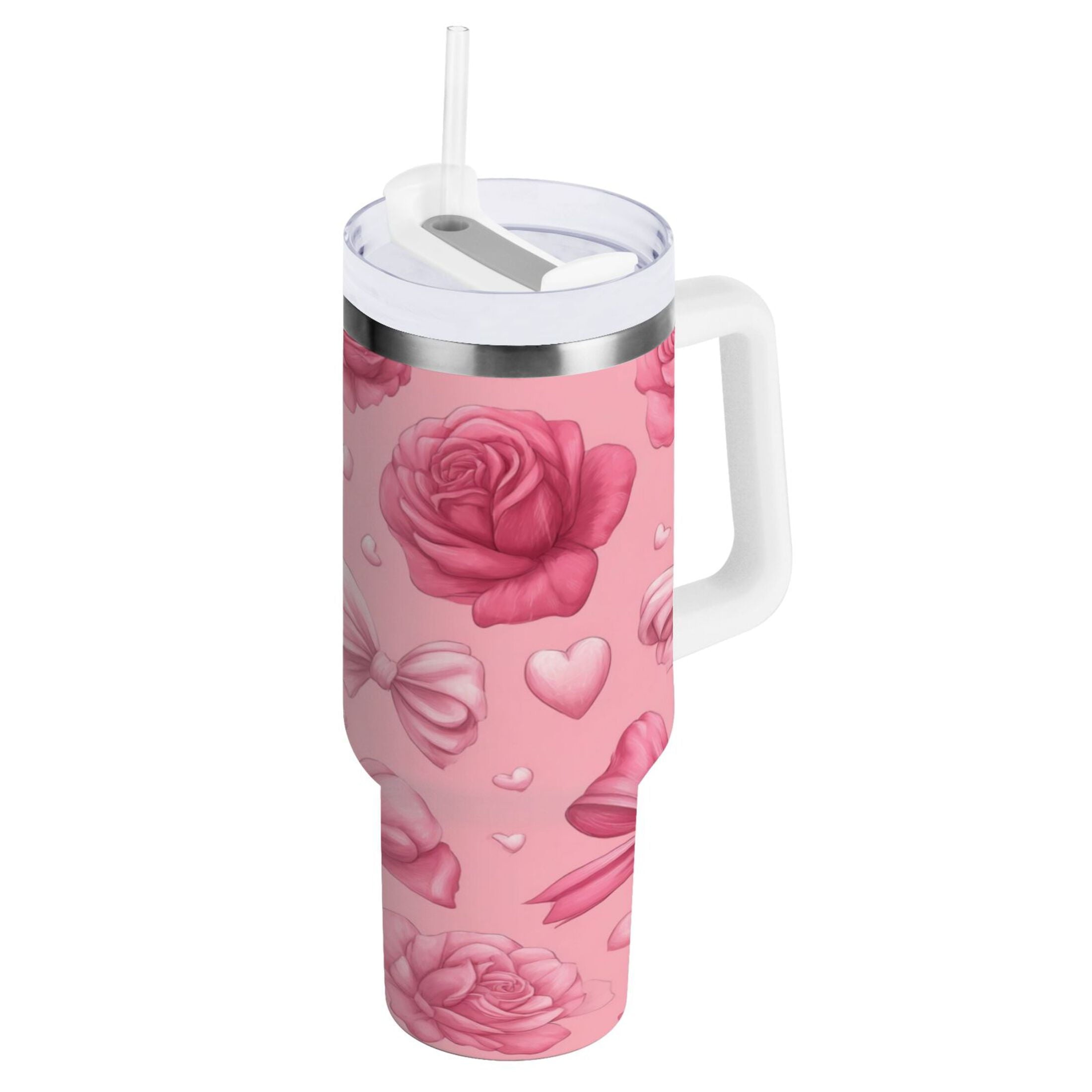 40 oz Insulated Stainless Steel Tumbler Double Wall Stainless Steel Tumbler with 2-Way Drinking Roses and Bows Pattern - EI7Q