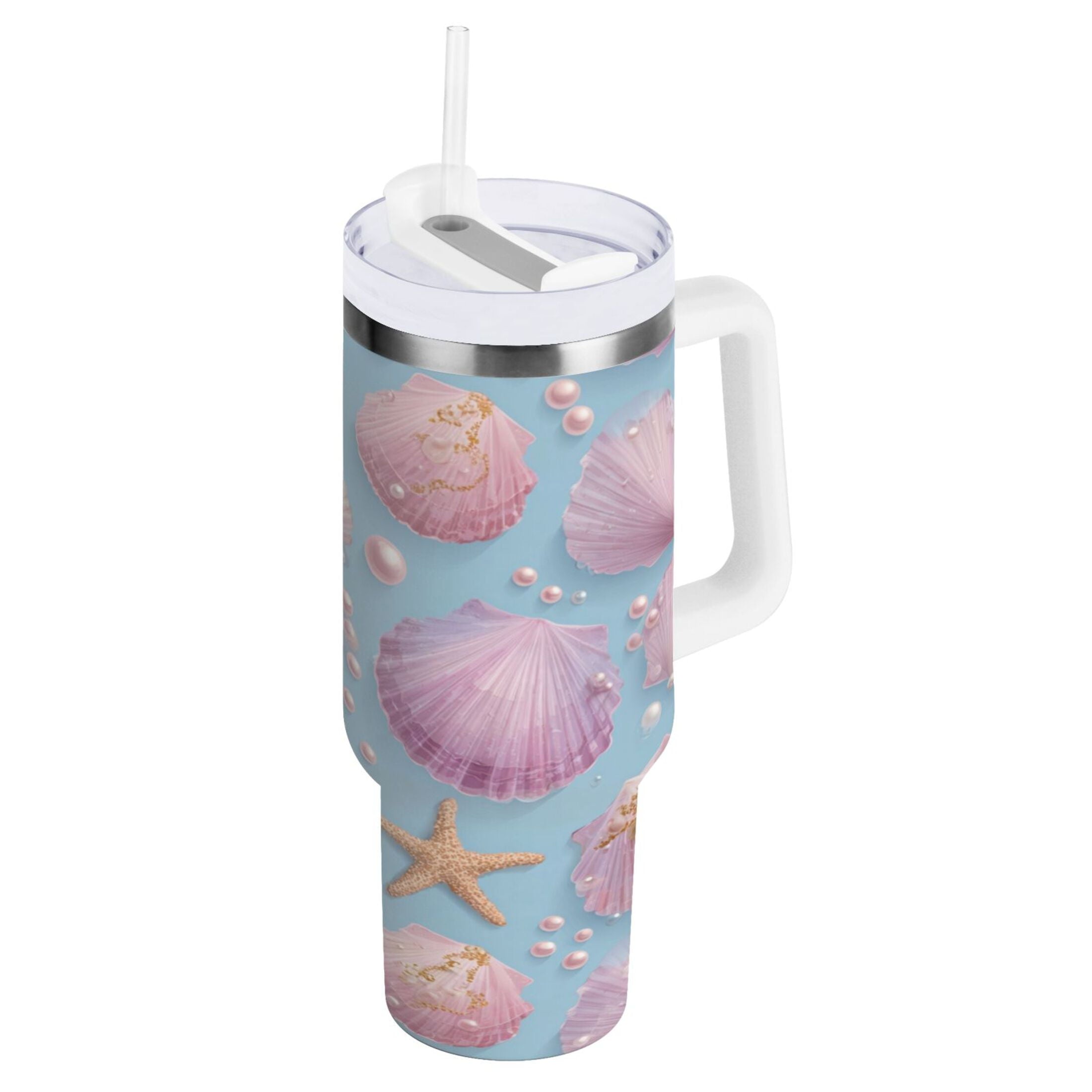 40 oz Insulated Stainless Steel Tumbler Double Wall Stainless Steel Tumbler with 2-Way Drinking Seashells and Pearls Pattern - S9V9