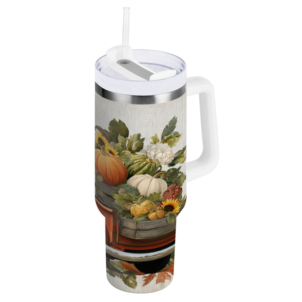 40 oz Insulated Stainless Steel Tumbler Double Wall Stainless Steel Tumbler with 2-Way Drinking Truck Full Of Pumpkins - GH7X