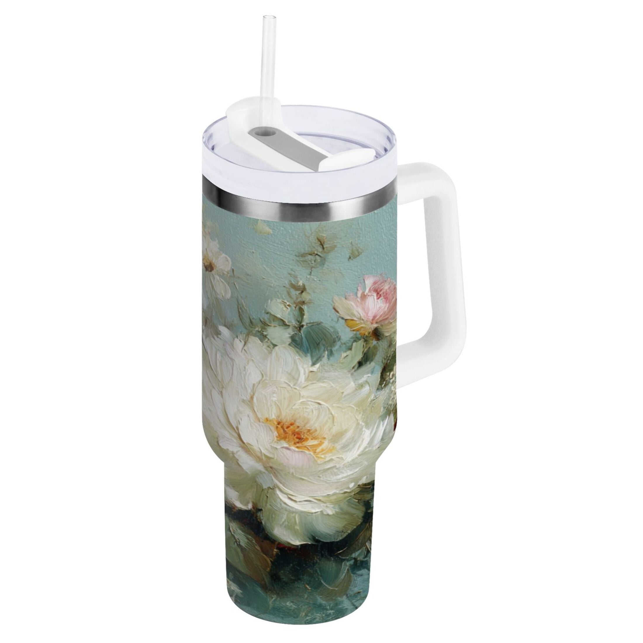 40 oz Insulated Stainless Steel Tumbler Double Wall Stainless Steel Tumbler with 2-Way Drinking Vintage Peonies and Daisies - 6235