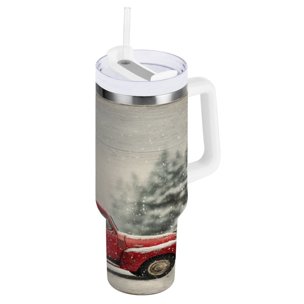 40 oz Insulated Stainless Steel Tumbler Double Wall Stainless Steel Tumbler with 2-Way Drinking Vintage Red Truck - K82S