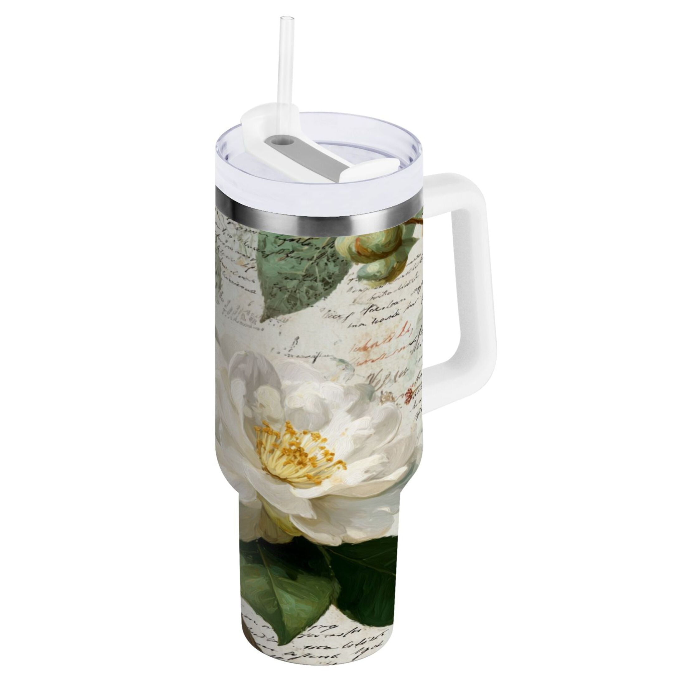 40 oz Insulated Stainless Steel Tumbler Double Wall Stainless Steel Tumbler with 2-Way Drinking Vintage White Camellias - 6YK0