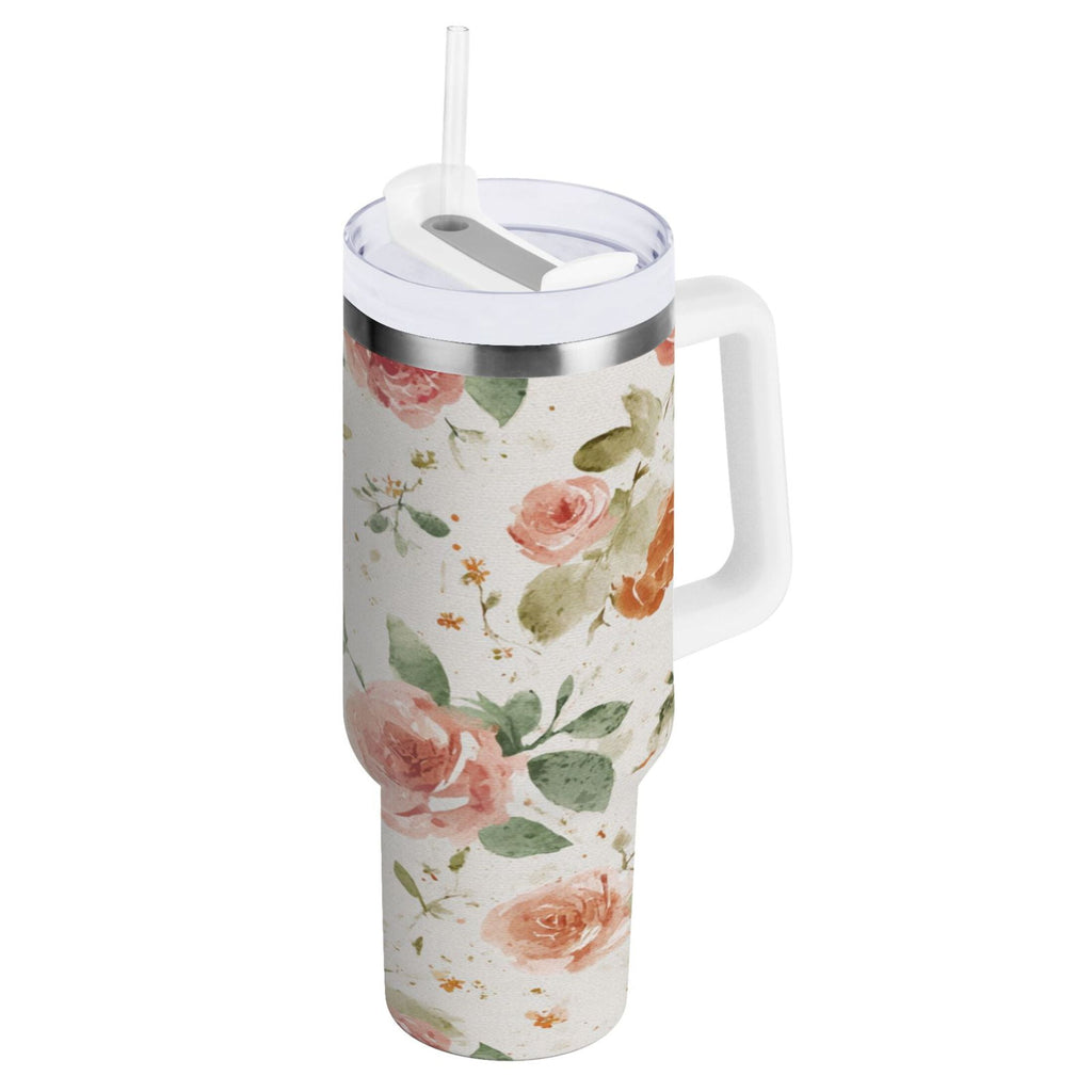 40 oz Insulated Stainless Steel Tumbler Double Wall Stainless Steel Tumbler with 2-Way Drinking Watercolor Rose Floral Pattern - 7Y19