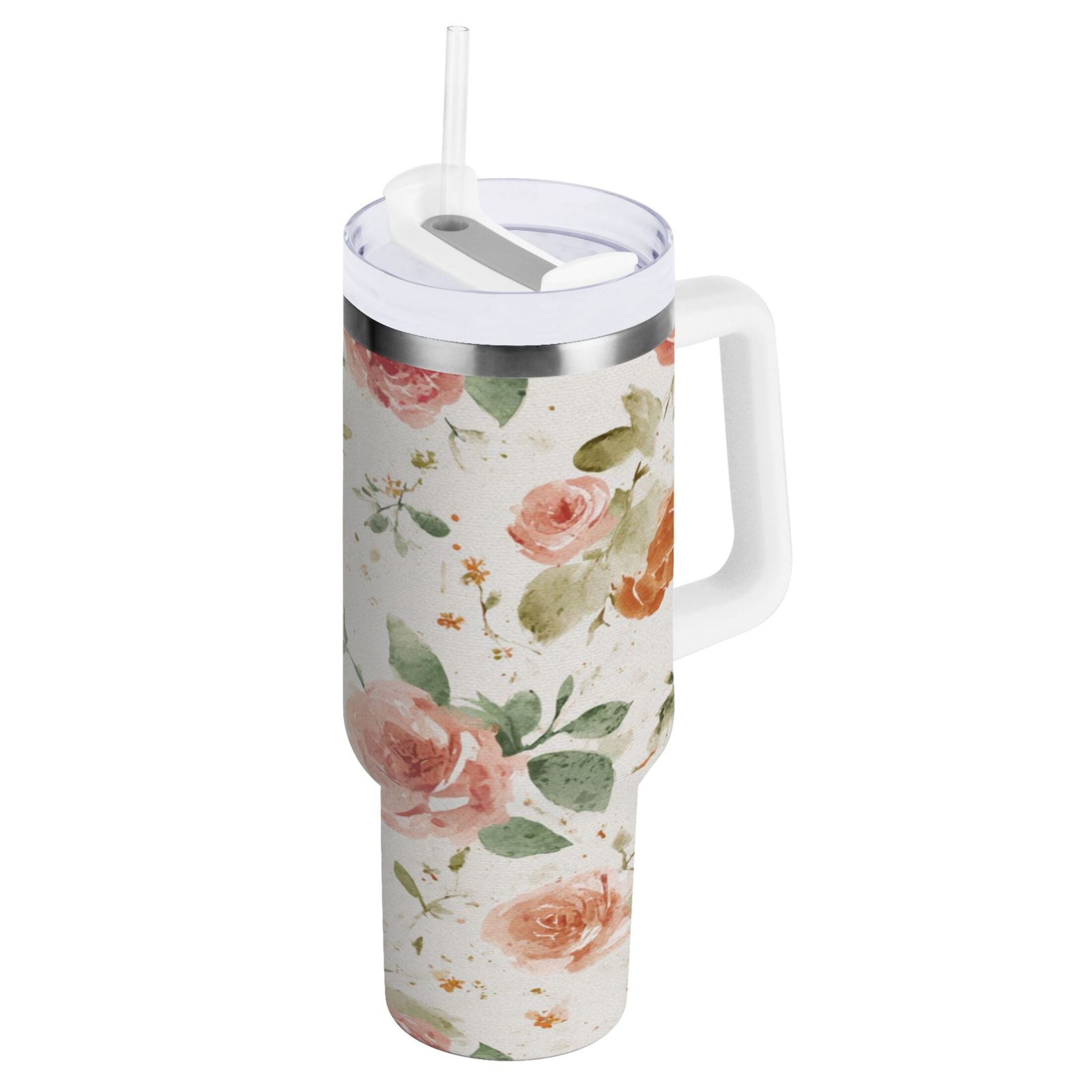 40 oz Insulated Stainless Steel Tumbler Double Wall Stainless Steel Tumbler with 2-Way Drinking Watercolor Rose Floral Pattern - 7Y19