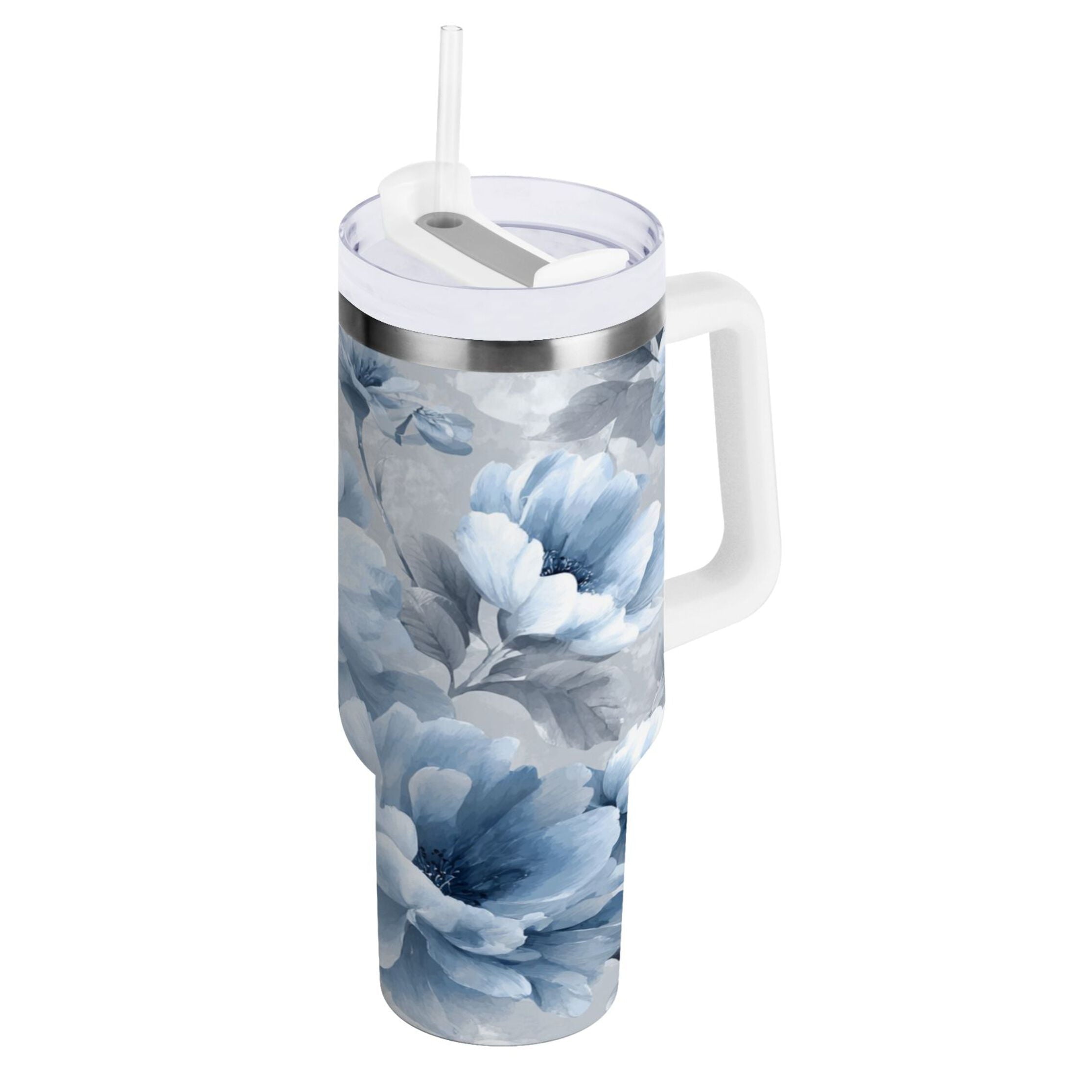 40 oz Insulated Stainless Steel Tumbler Double Wall Stainless Steel Tumbler with 2-Way Drinking White Floral Pattern - EB0T