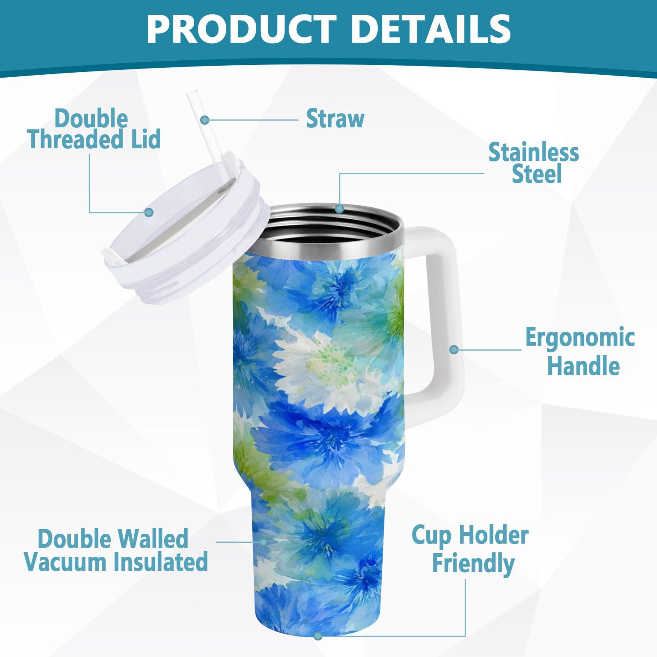 40 oz Insulated Stainless Steel Tumbler Double Wall Stainless Steel Tumbler with 2-Way Drinking Watercolor Blue Cornflowers - C472