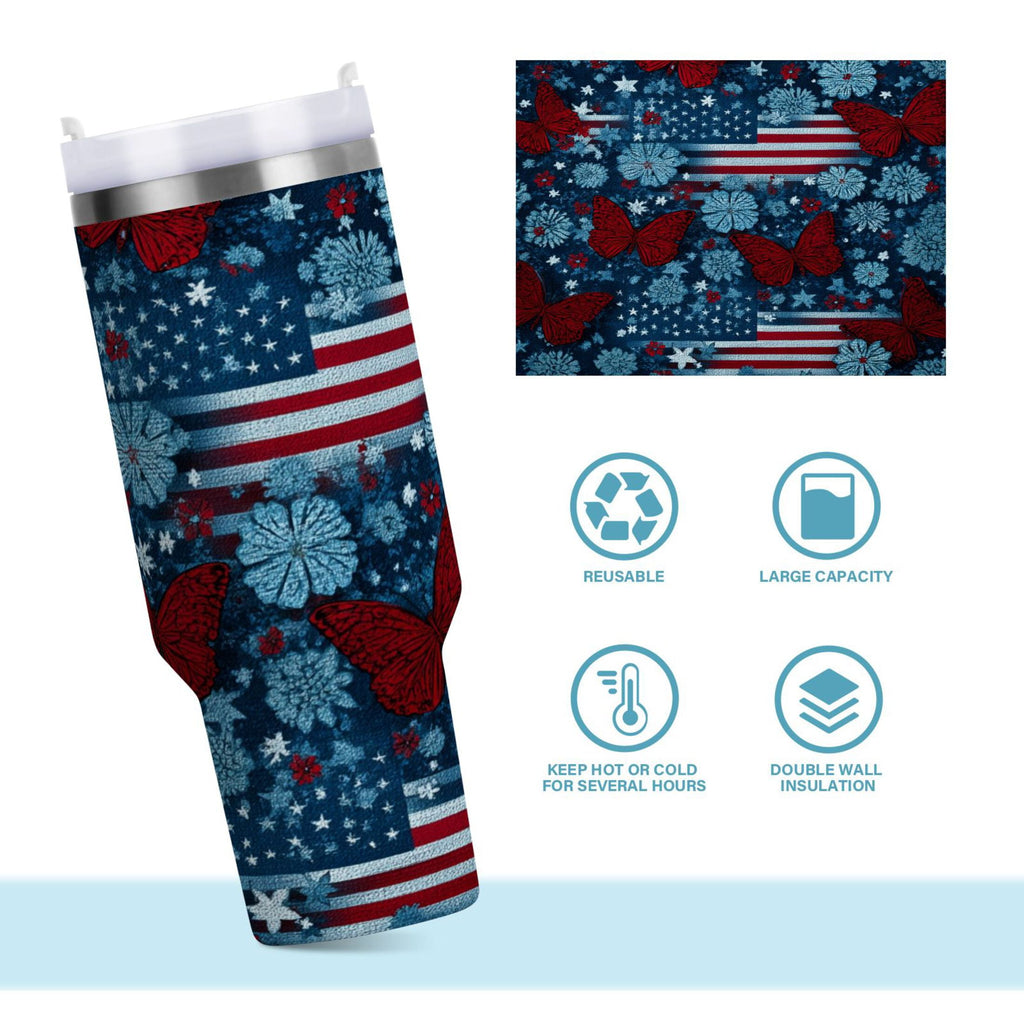 30 oz Insulated Stainless Steel Tumbler Double Wall Stainless Steel Tumbler with 2-Way Drinking Red Butterflies and Flags - P0DF