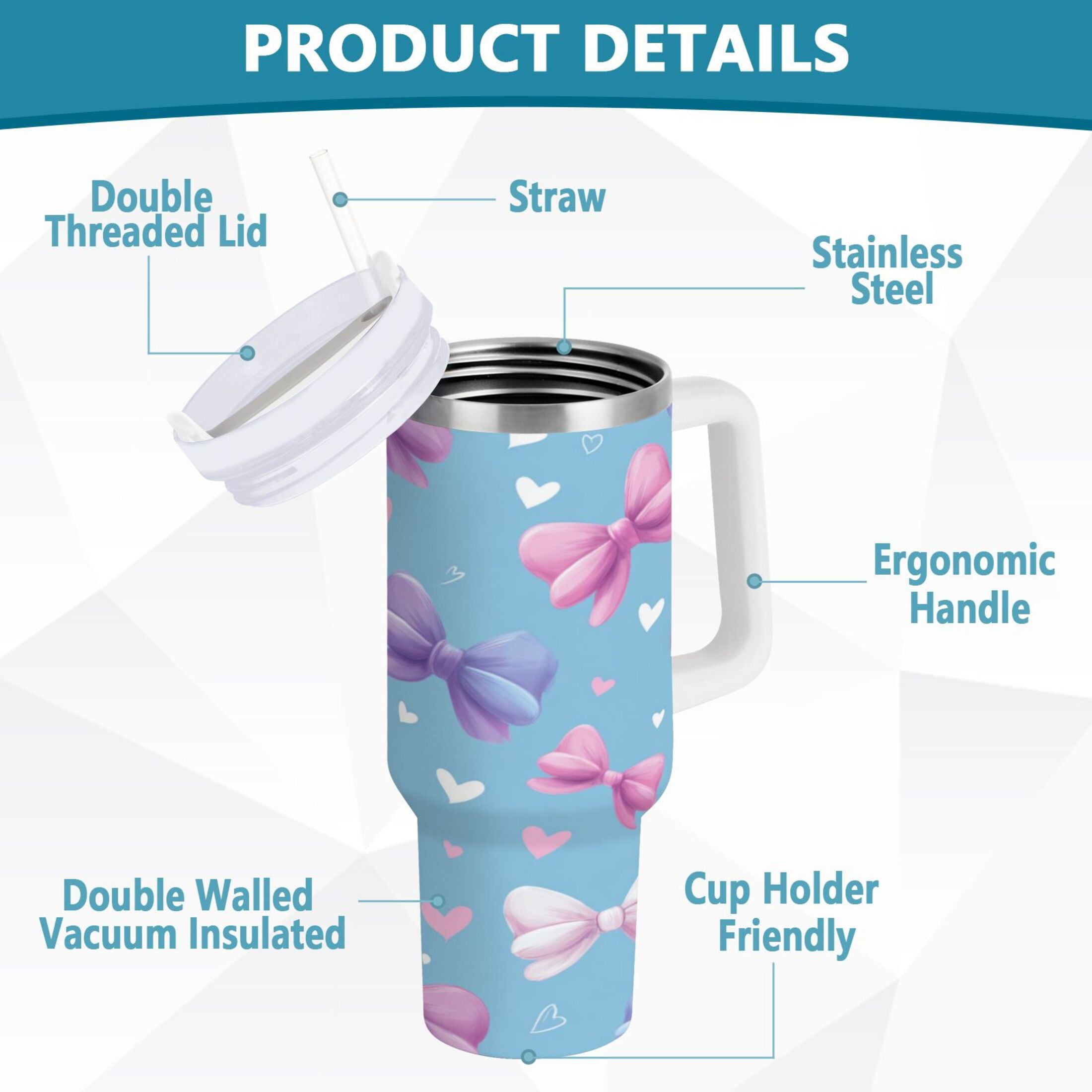 30 oz Insulated Stainless Steel Tumbler Double Wall Stainless Steel Tumbler with 2-Way Drinking Pink and Purple Bows - TVA1