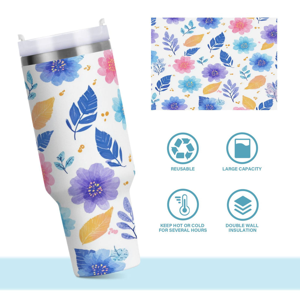 30 oz Insulated Stainless Steel Tumbler Double Wall Stainless Steel Tumbler with 2-Way Drinking Blue and Purple Flowers - 5OWM