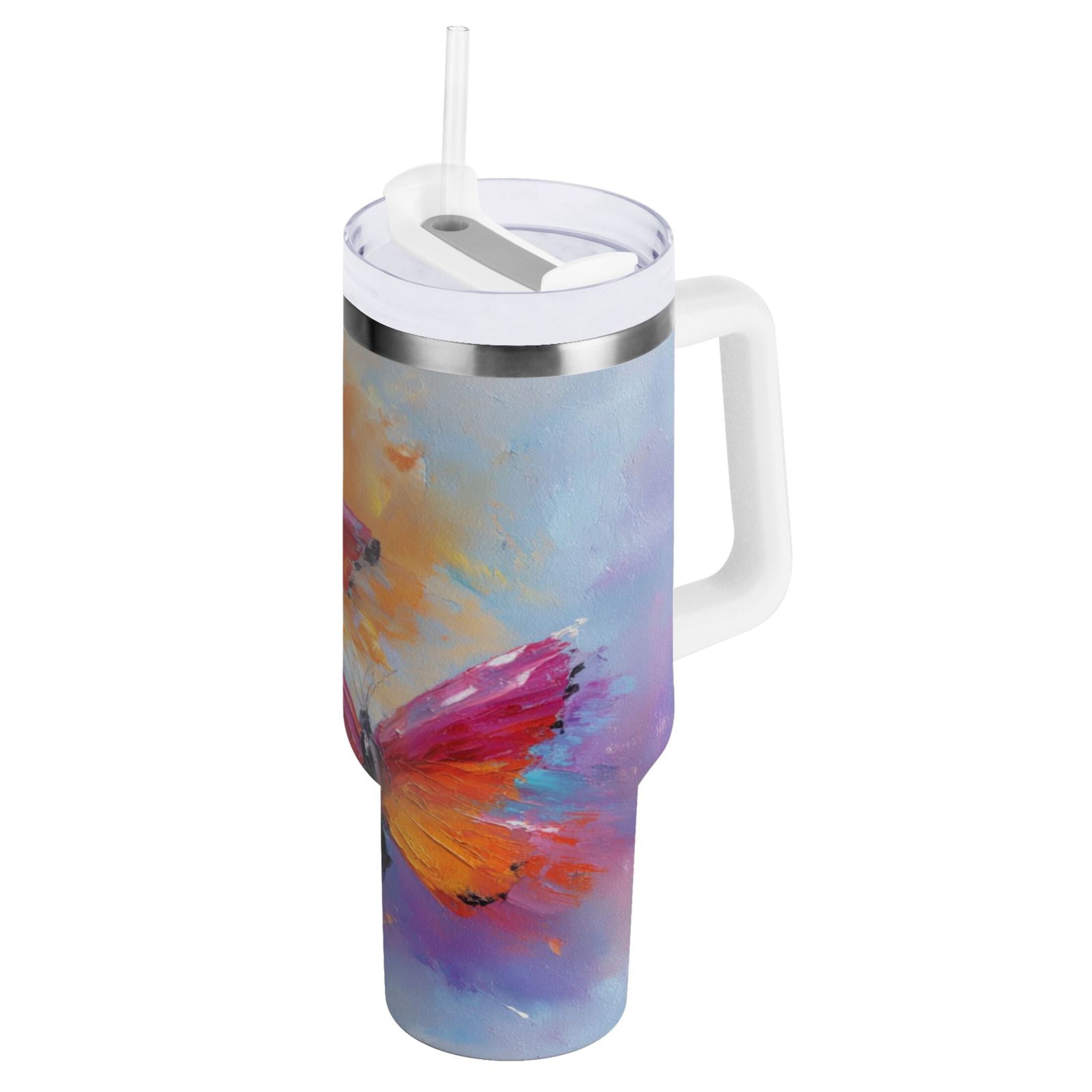 30 oz Insulated Stainless Steel Tumbler Double Wall Stainless Steel Tumbler with 2-Way Drinking Red and Orange Butterflies - 4G2E