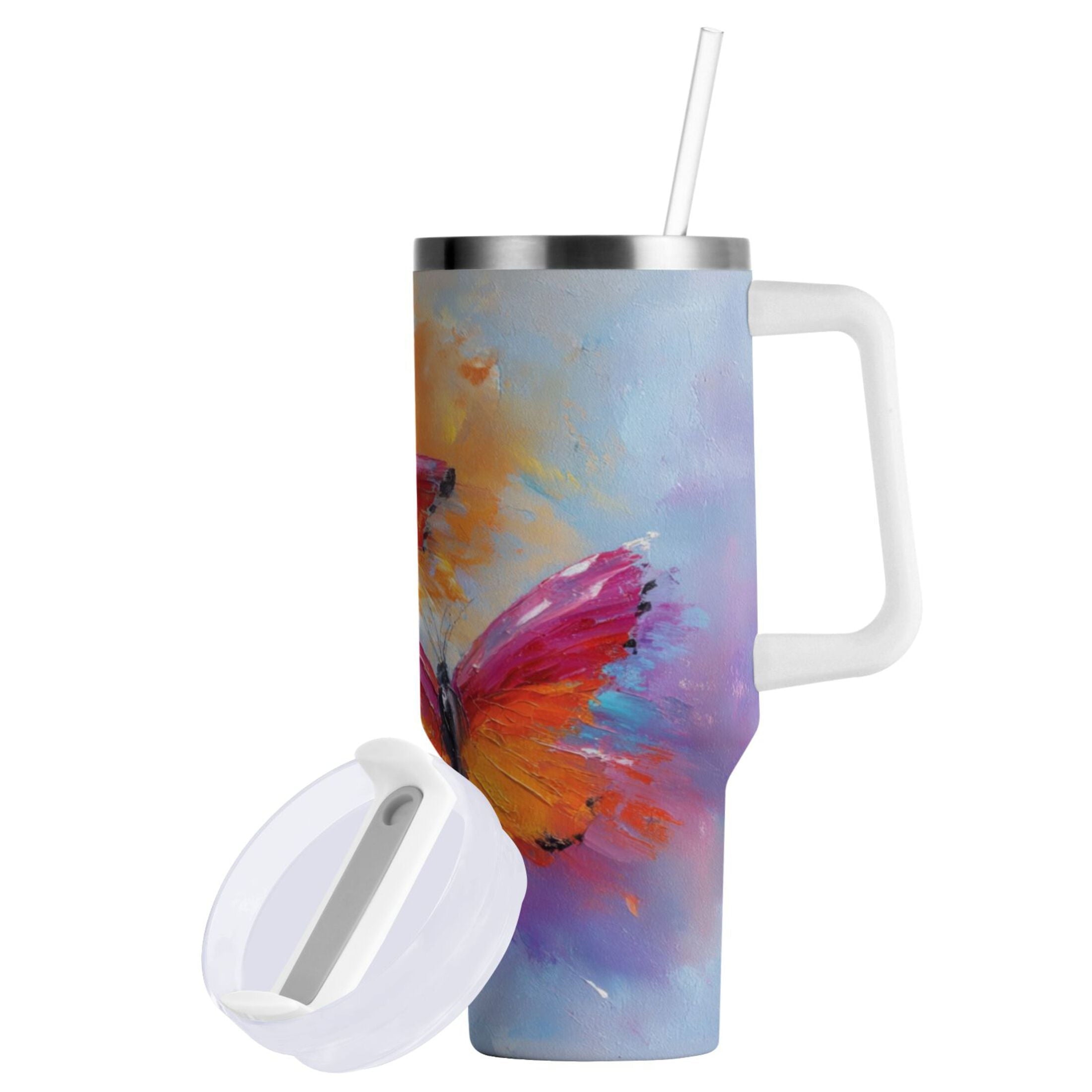 30 oz Insulated Stainless Steel Tumbler Double Wall Stainless Steel Tumbler with 2-Way Drinking Red and Orange Butterflies - 4G2E
