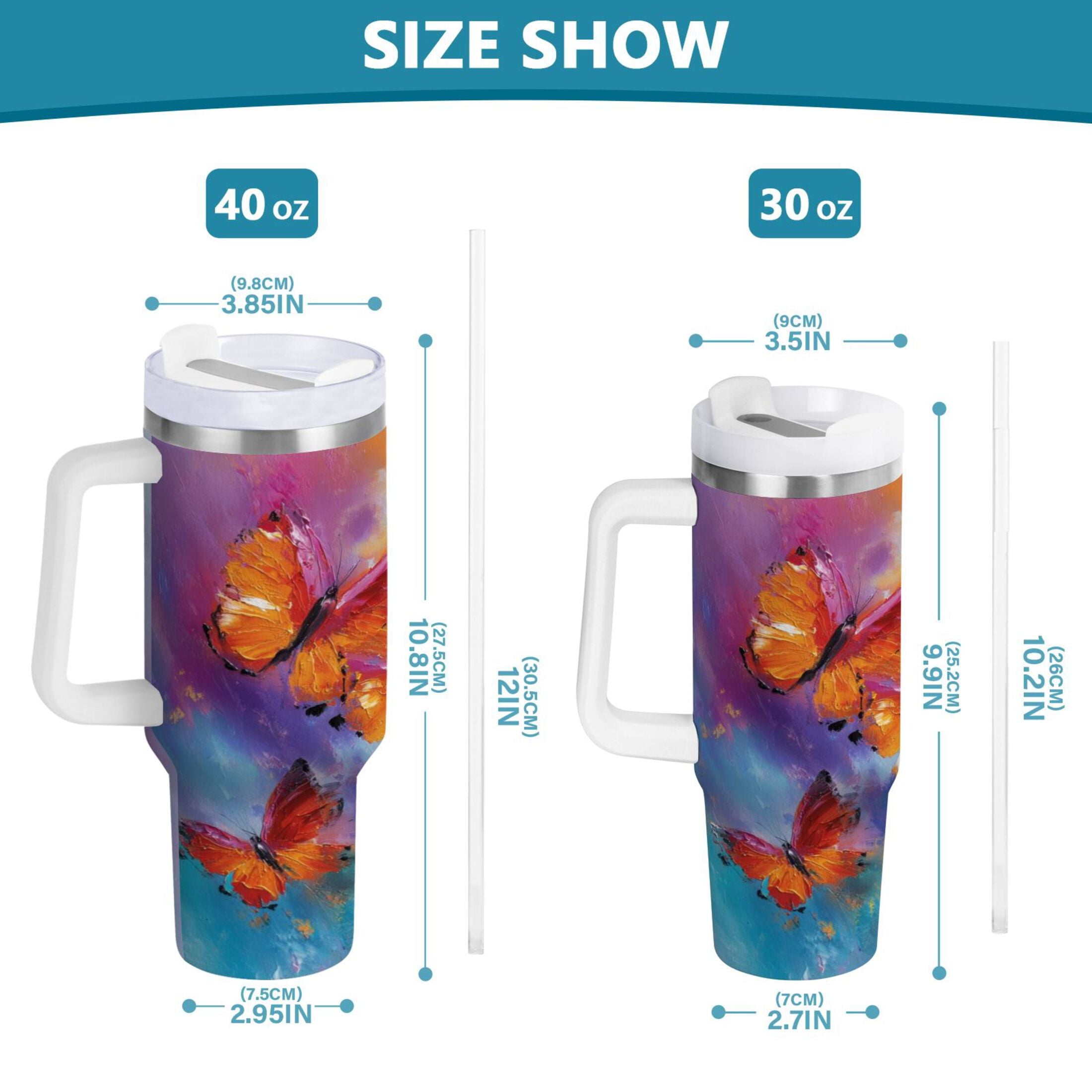 30 oz Insulated Stainless Steel Tumbler Double Wall Stainless Steel Tumbler with 2-Way Drinking Red and Orange Butterflies - 4G2E