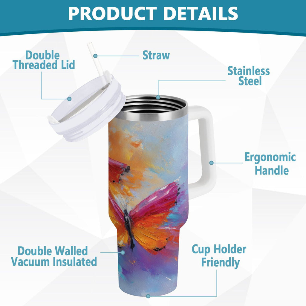 30 oz Insulated Stainless Steel Tumbler Double Wall Stainless Steel Tumbler with 2-Way Drinking Red and Orange Butterflies - 4G2E