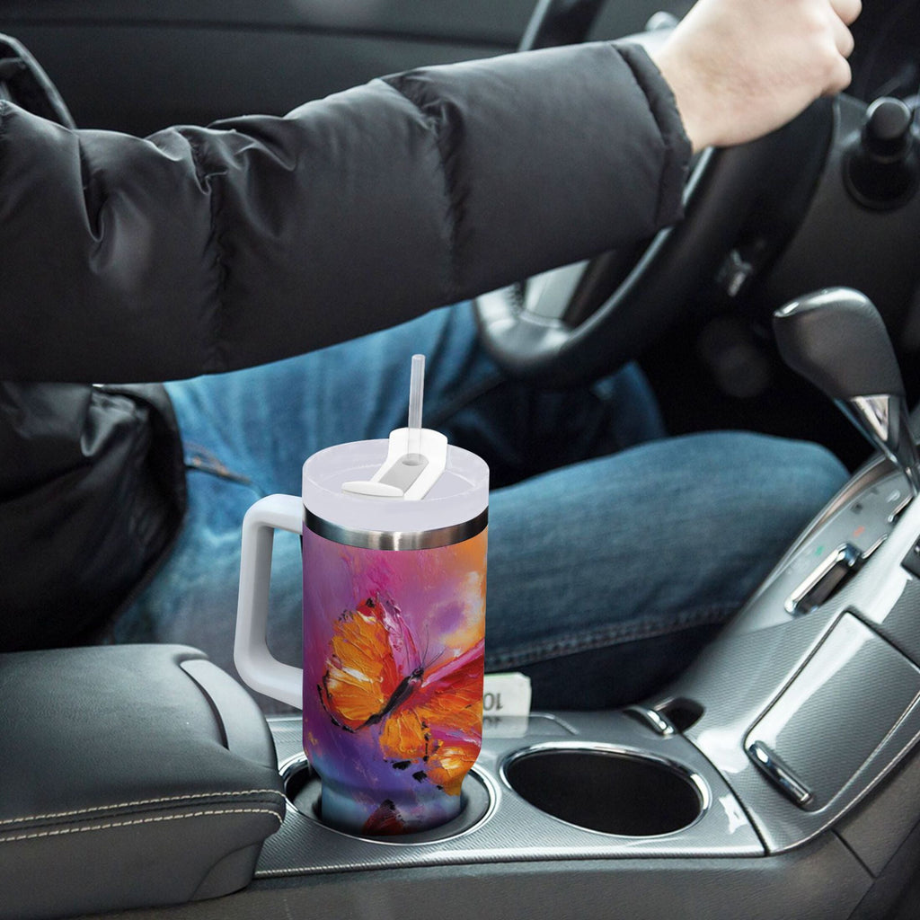 30 oz Insulated Stainless Steel Tumbler Double Wall Stainless Steel Tumbler with 2-Way Drinking Red and Orange Butterflies - 4G2E