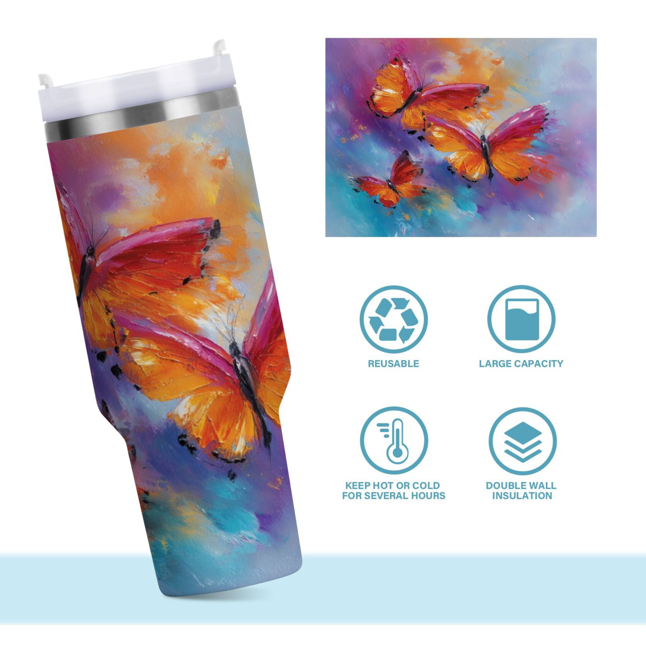 30 oz Insulated Stainless Steel Tumbler Double Wall Stainless Steel Tumbler with 2-Way Drinking Red and Orange Butterflies - 4G2E