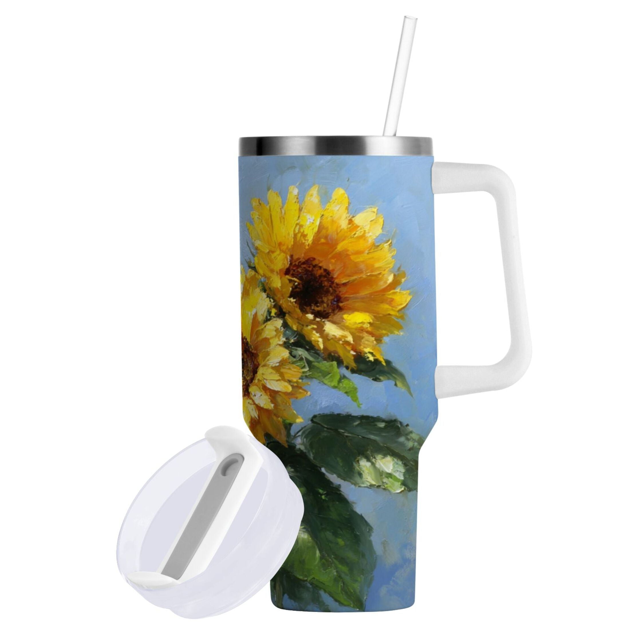 40 oz Insulated Stainless Steel Tumbler Double Wall Stainless Steel Tumbler with 2-Way Drinking Sunflowers Painting - 59QY
