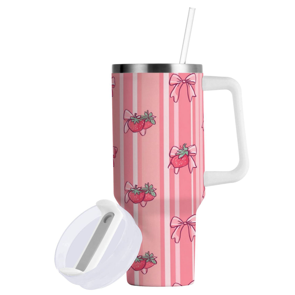 30 oz Insulated Stainless Steel Tumbler Double Wall Stainless Steel Tumbler with 2-Way Drinking Pink Bows and Strawberries - F8G4