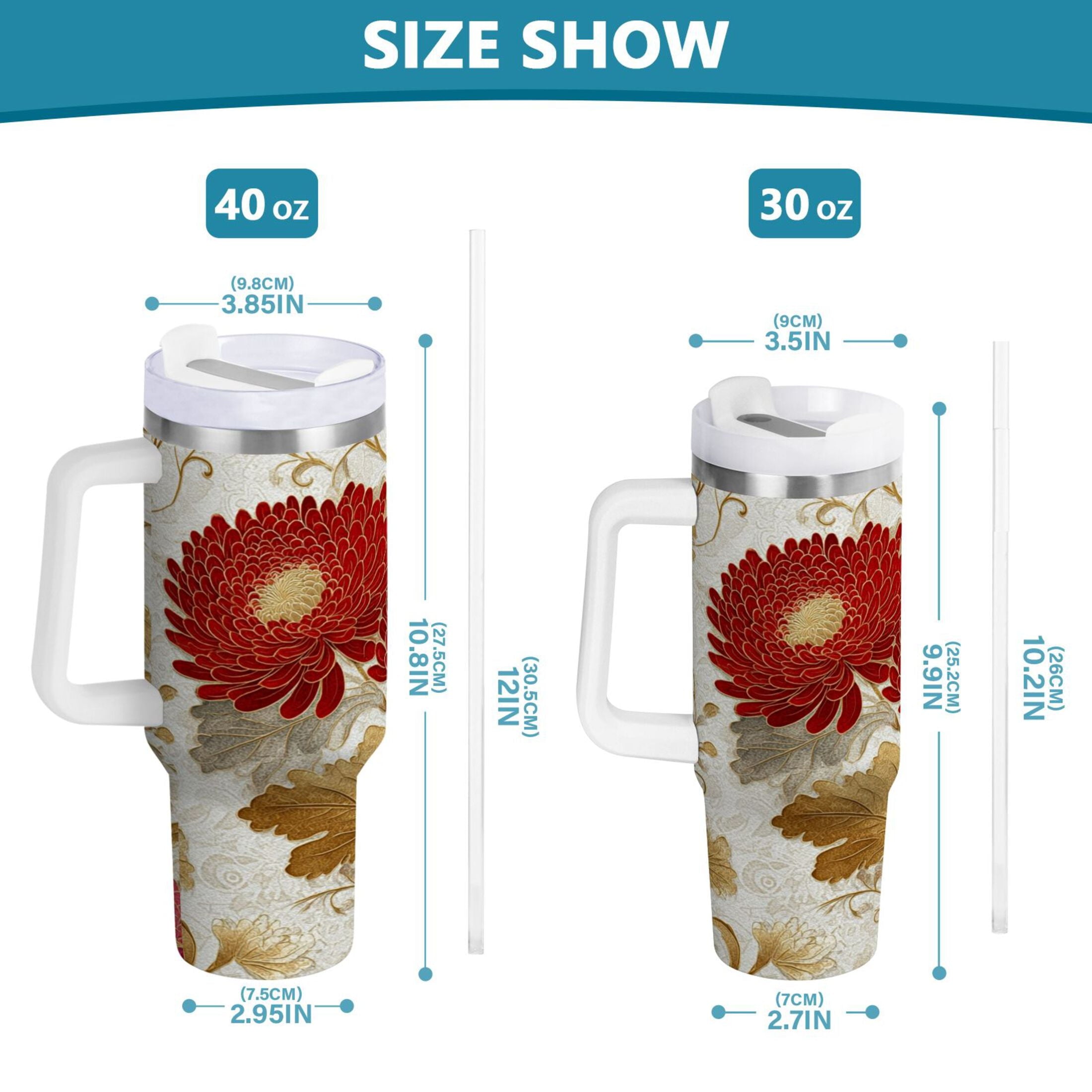 30 oz Insulated Stainless Steel Tumbler Double Wall Stainless Steel Tumbler with 2-Way Drinking Red Chrysanthemum Pattern - BLDC