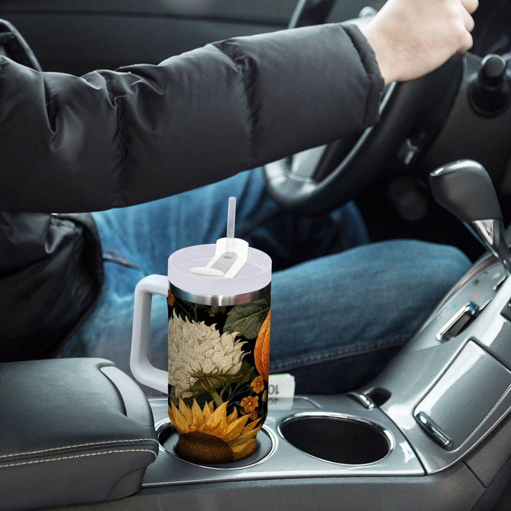 40 oz Insulated Stainless Steel Tumbler Double Wall Stainless Steel Tumbler with 2-Way Drinking Pumpkins and Sunflowers Pattern - GDXS