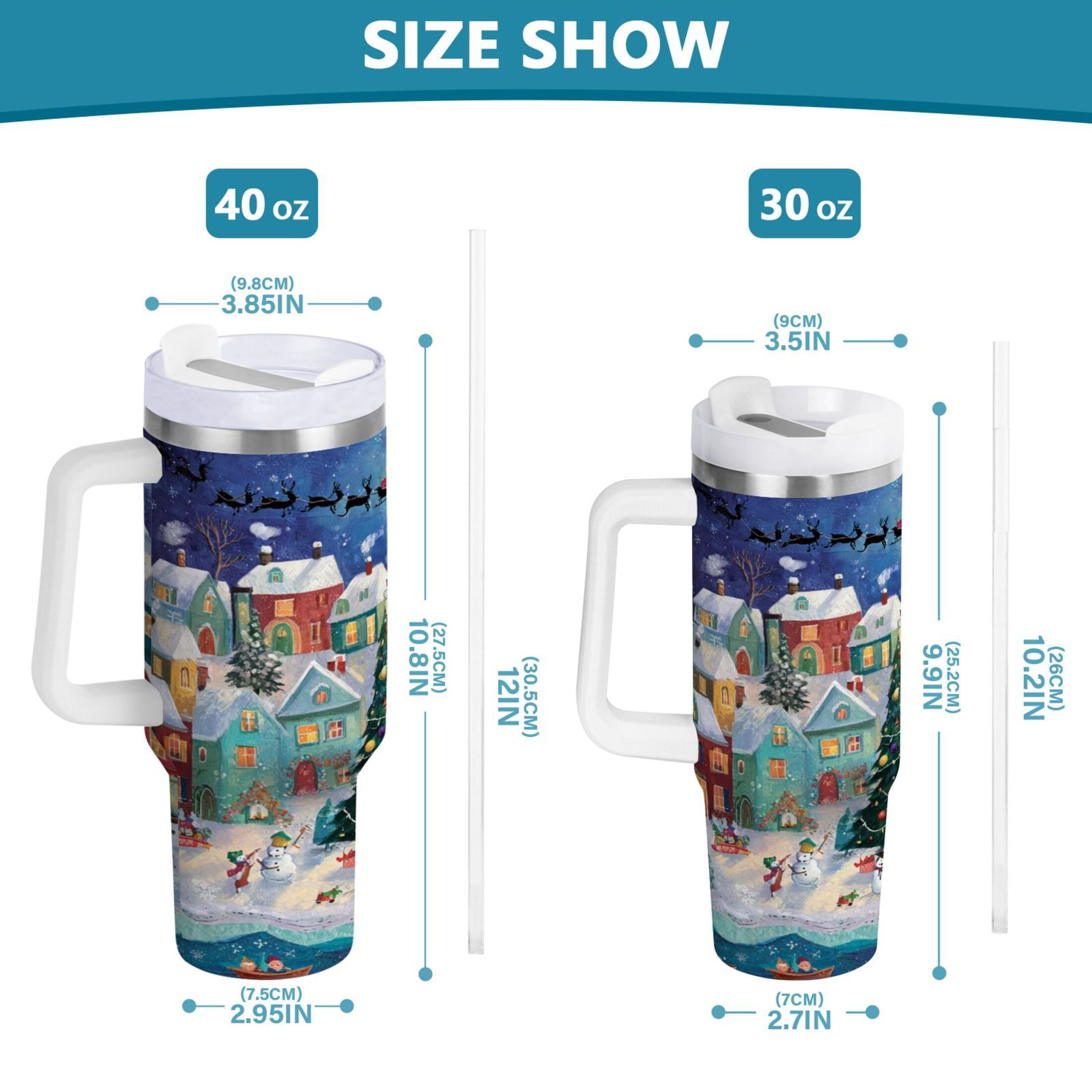 30 oz Insulated Stainless Steel Tumbler Double Wall Stainless Steel Tumbler with 2-Way Drinking Charming Christmas Scene - T84I