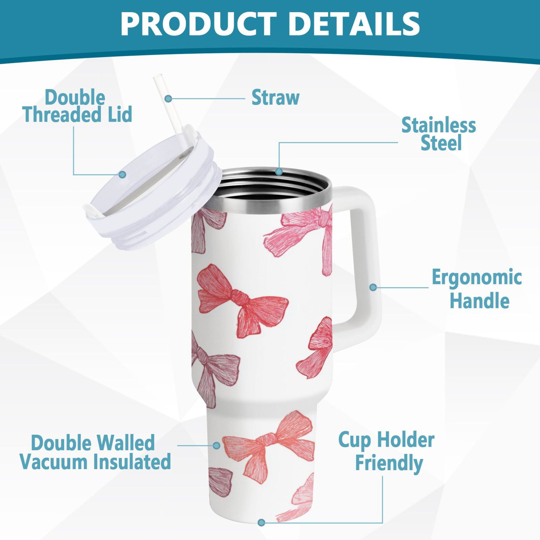 40 oz Insulated Stainless Steel Tumbler Double Wall Stainless Steel Tumbler with 2-Way Drinking Pink Bows Pattern - L9C5