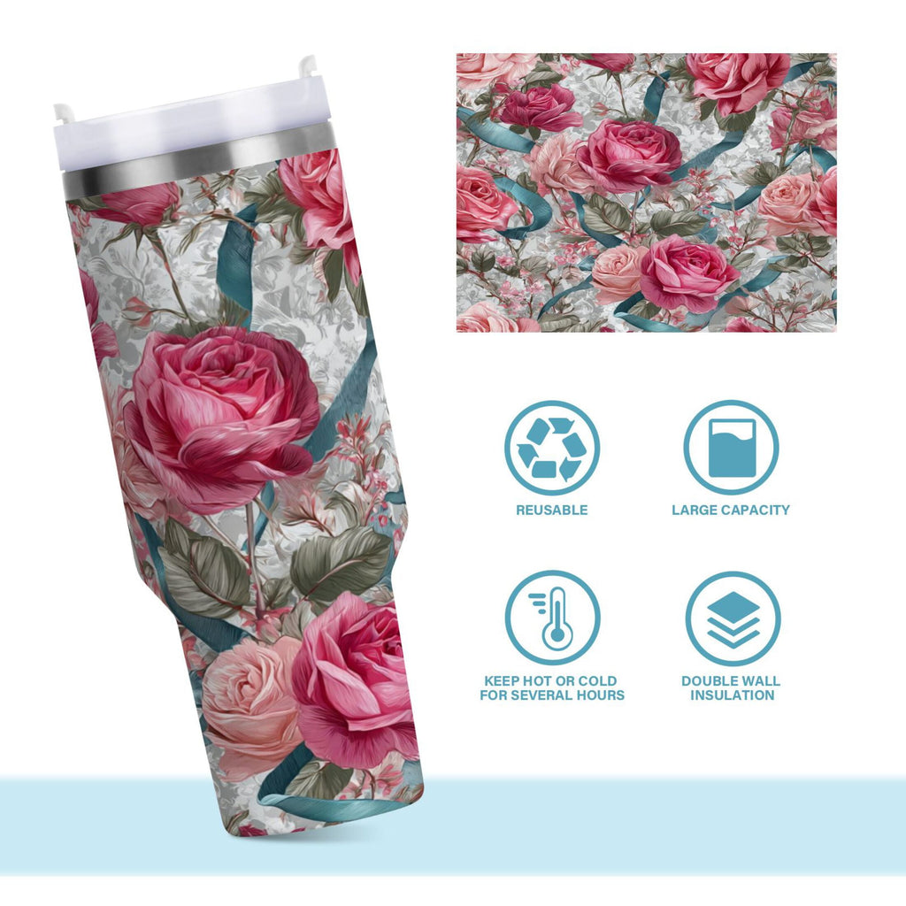 30 oz Insulated Stainless Steel Tumbler Double Wall Stainless Steel Tumbler with 2-Way Drinking Roses and Ribbons - PPEE