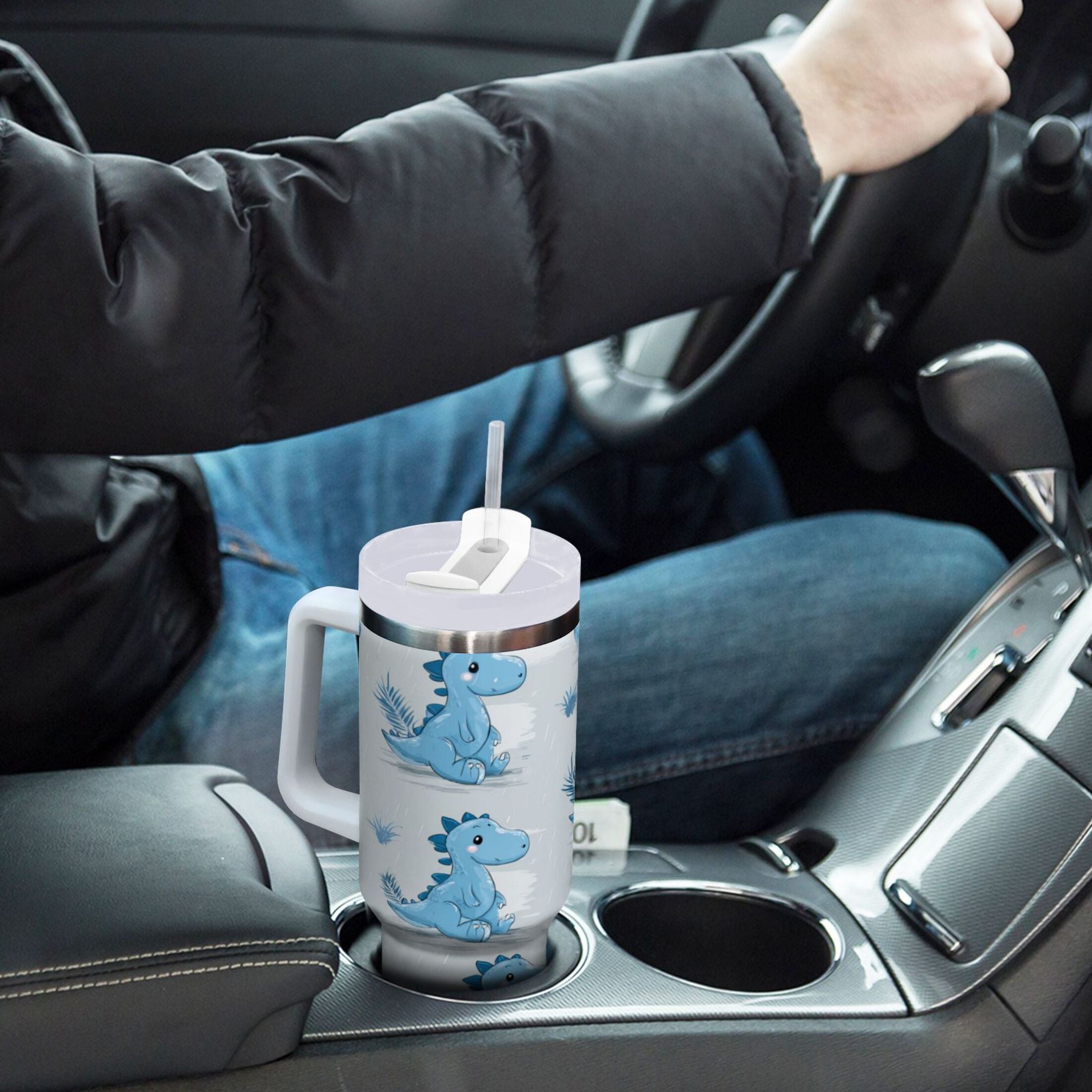 30 oz Insulated Stainless Steel Tumbler Double Wall Stainless Steel Tumbler with 2-Way Drinking Cartoon Blue Dinosaurs - 9G22
