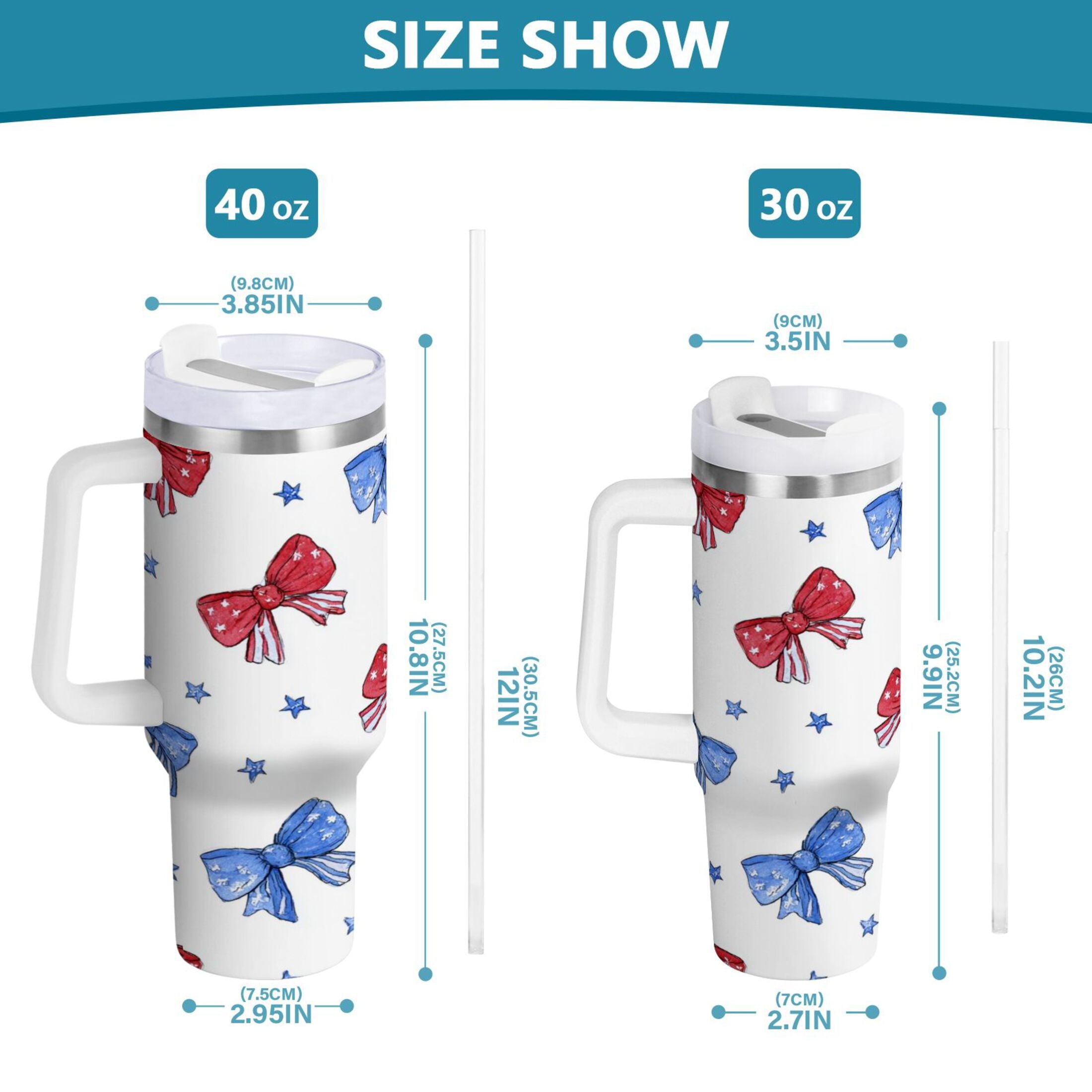 40 oz Insulated Stainless Steel Tumbler Double Wall Stainless Steel Tumbler with 2-Way Drinking Hand-drawn Bows - QOO9