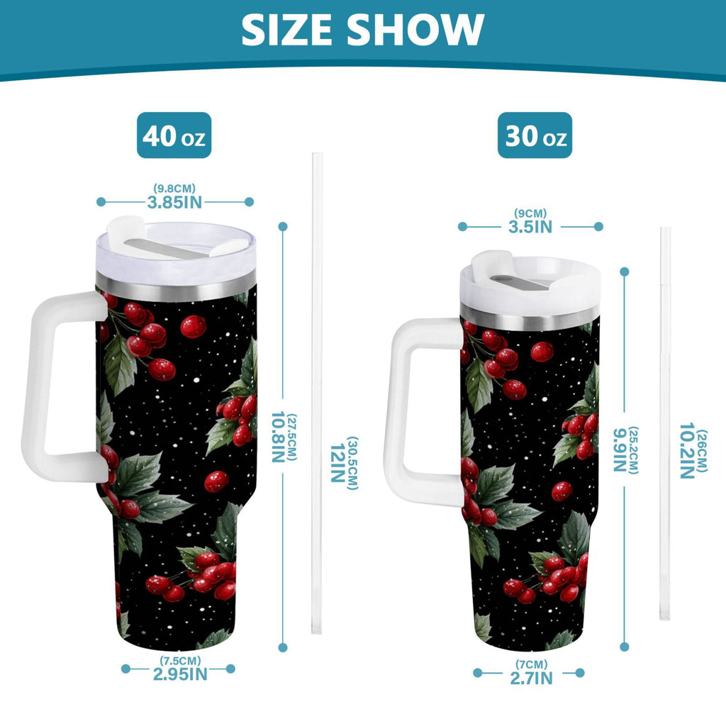 40 oz Insulated Stainless Steel Tumbler Double Wall Stainless Steel Tumbler with 2-Way Drinking Red Holly Berries Pattern - 7MMI