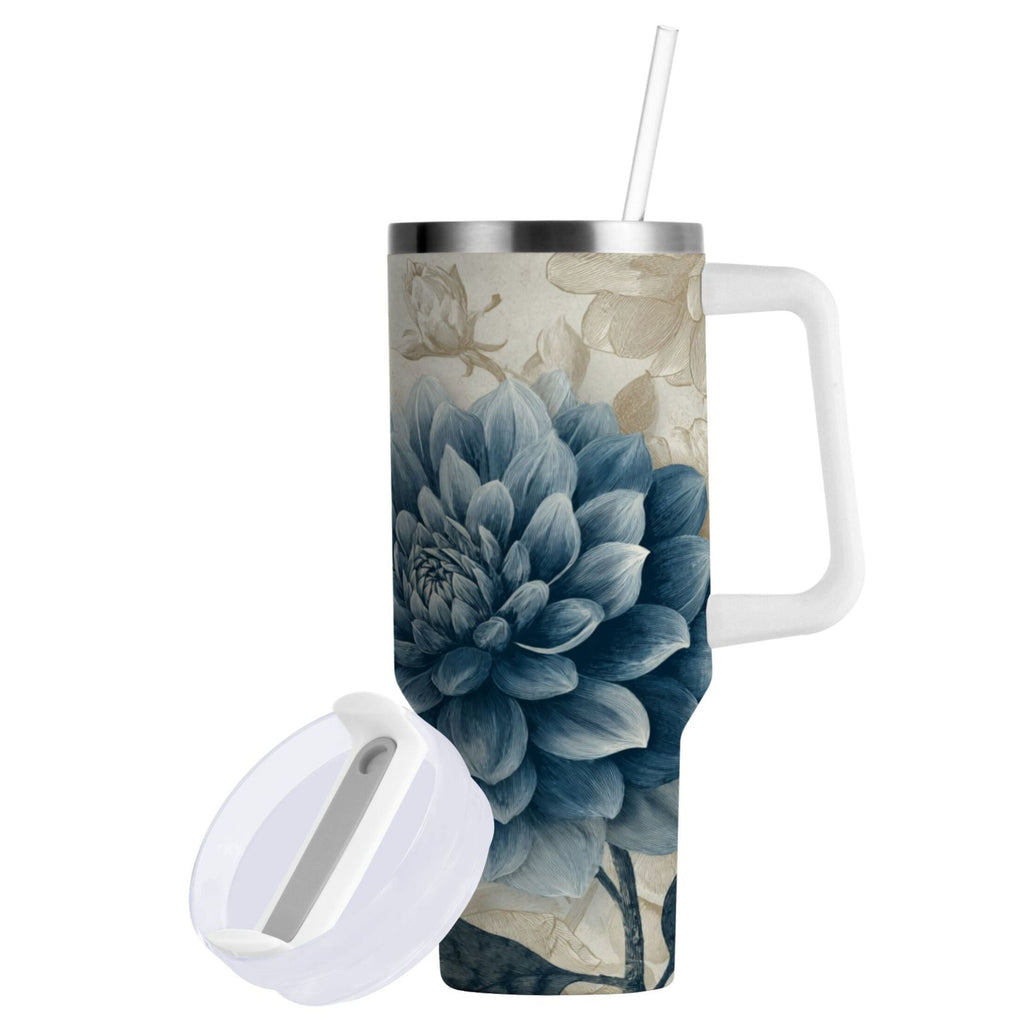 40 oz Insulated Stainless Steel Tumbler Double Wall Stainless Steel Tumbler with 2-Way Drinking Blue Flower with Butterflies - 78V2