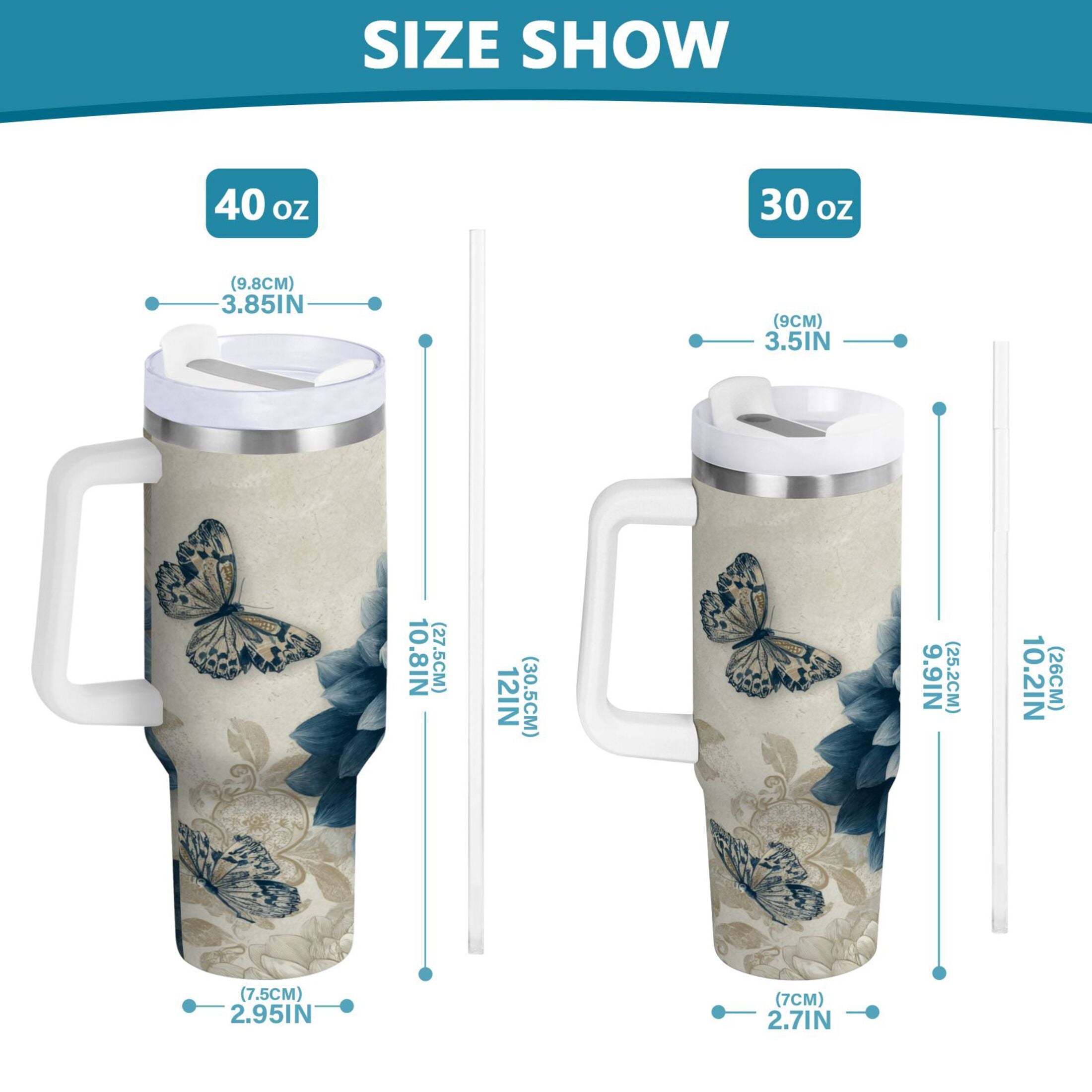 40 oz Insulated Stainless Steel Tumbler Double Wall Stainless Steel Tumbler with 2-Way Drinking Blue Flower with Butterflies - 78V2