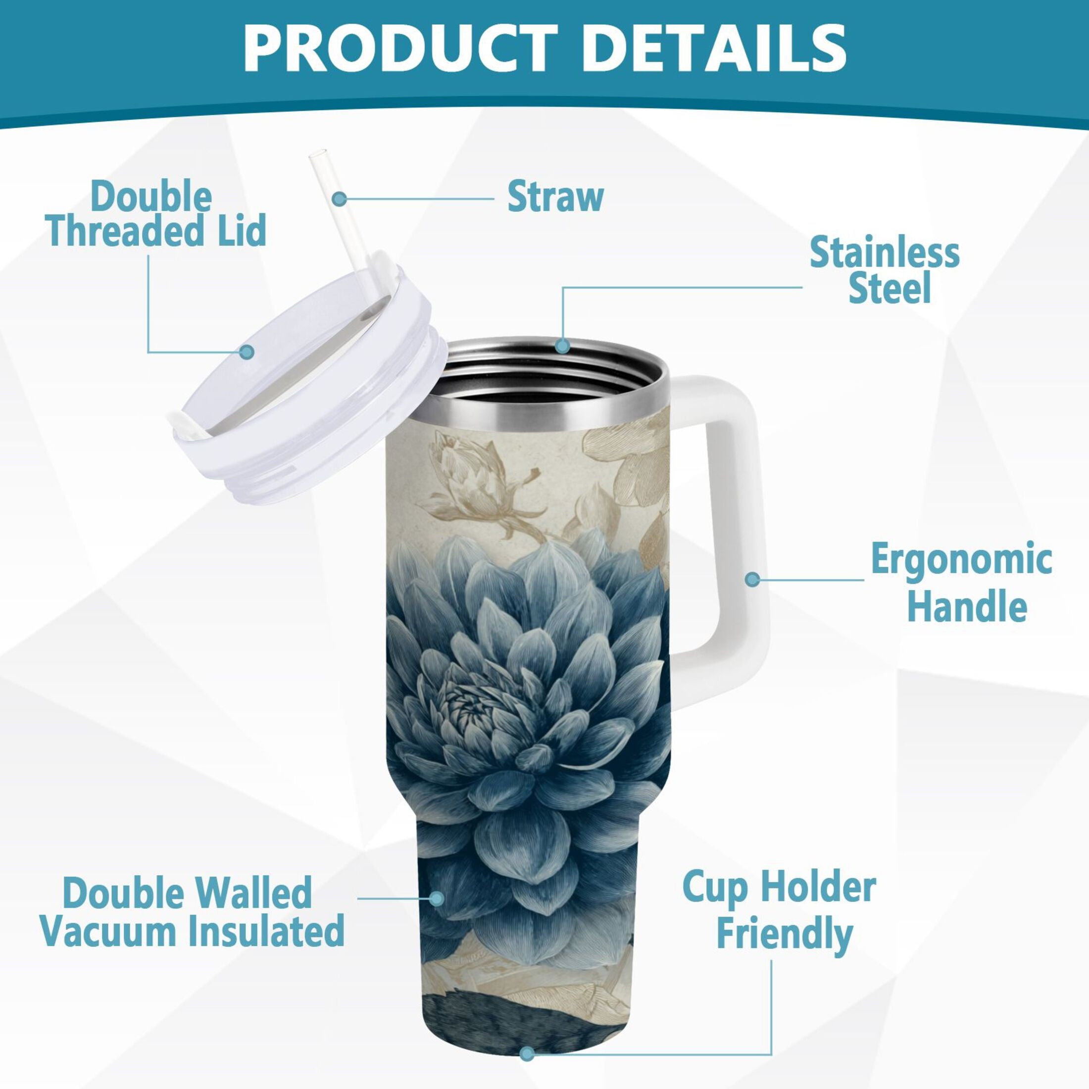 40 oz Insulated Stainless Steel Tumbler Double Wall Stainless Steel Tumbler with 2-Way Drinking Blue Flower with Butterflies - 78V2