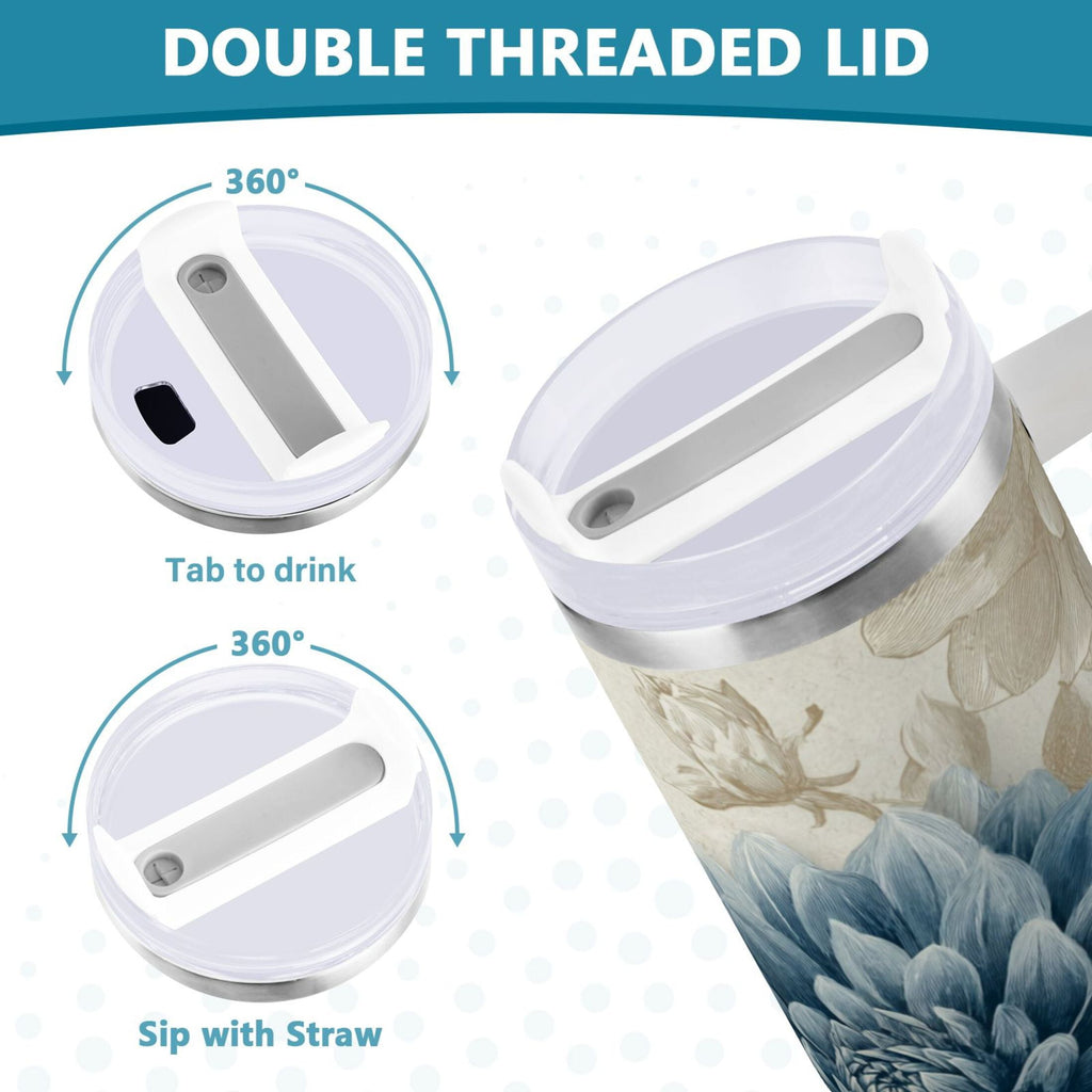40 oz Insulated Stainless Steel Tumbler Double Wall Stainless Steel Tumbler with 2-Way Drinking Blue Flower with Butterflies - 78V2