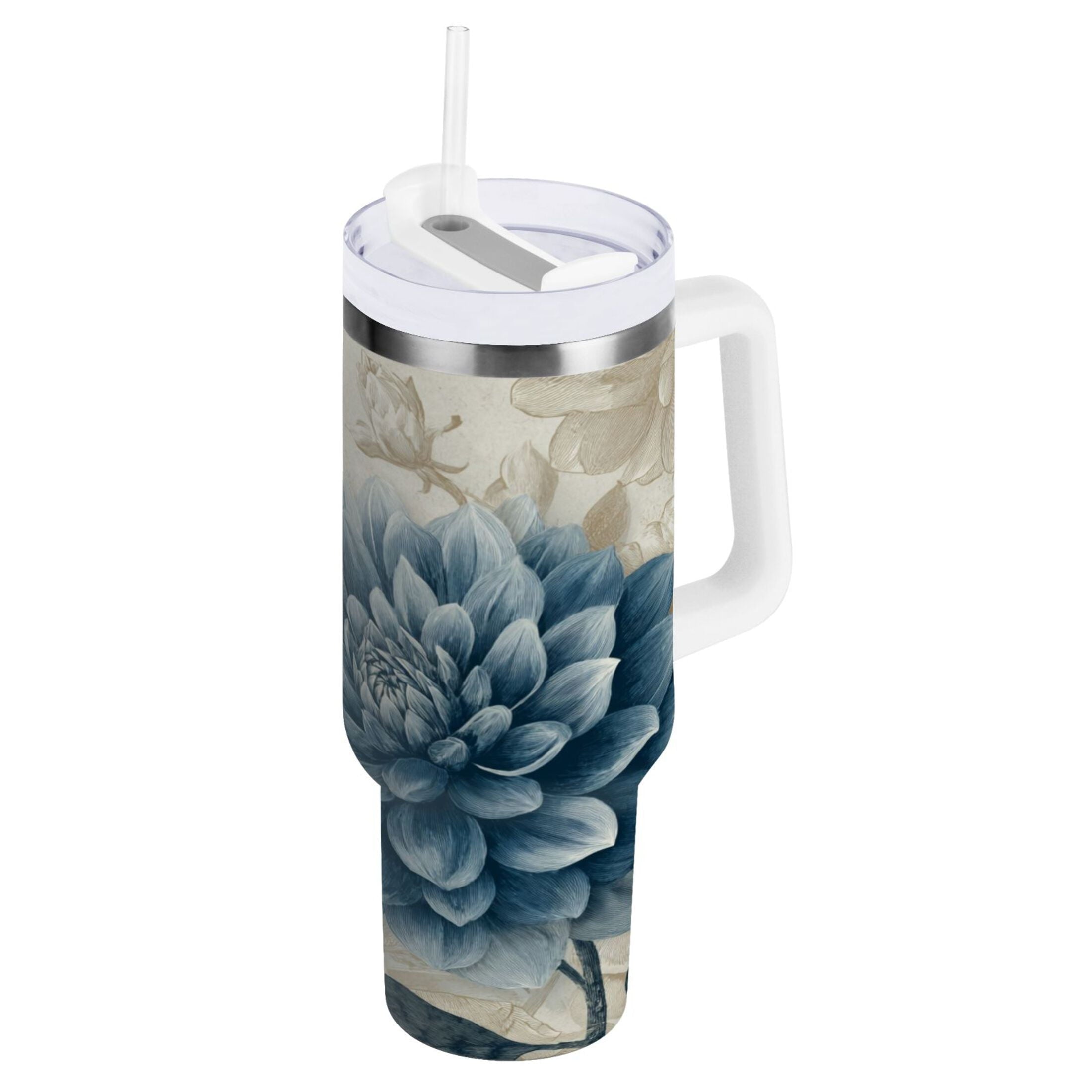 40 oz Insulated Stainless Steel Tumbler Double Wall Stainless Steel Tumbler with 2-Way Drinking Blue Flower with Butterflies - 78V2