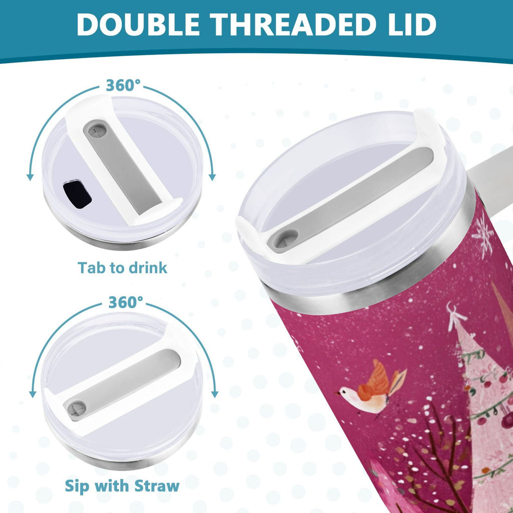 40 oz Insulated Stainless Steel Tumbler Double Wall Stainless Steel Tumbler with 2-Way Drinking Pink Christmas Forest - 2F90