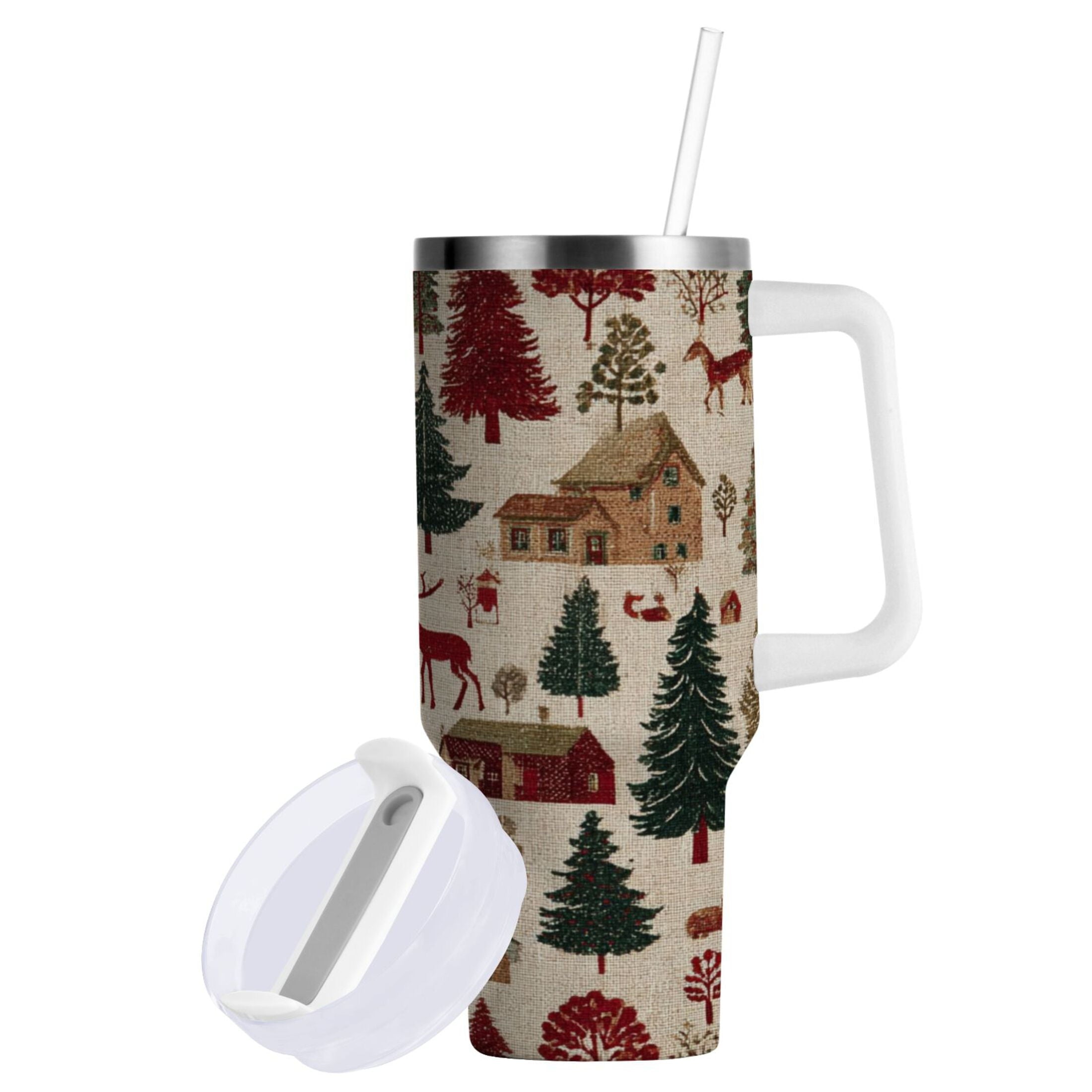 30 oz Insulated Stainless Steel Tumbler Double Wall Stainless Steel Tumbler with 2-Way Drinking Christmas Trees Deer and Houses - NPZW